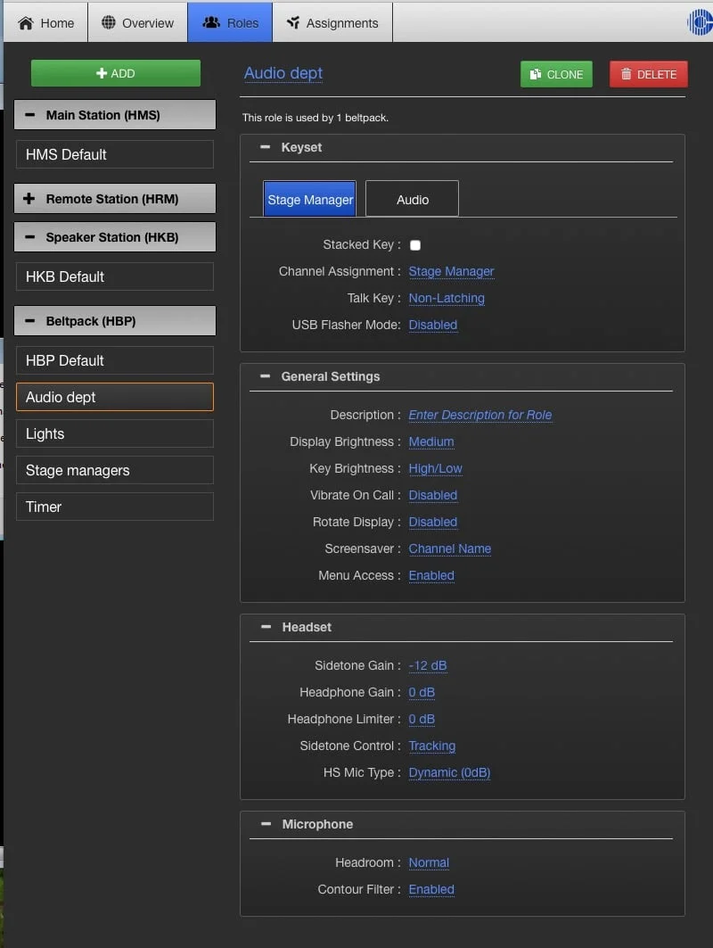 This is the Program screen for Beltpacks. See on the left I have created roles for SM, audio, lighting, and timer starting with a clone of the HBP default.