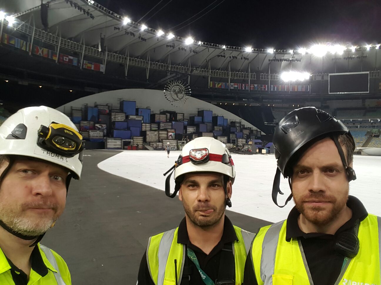 Thomas, Paolo, and Philipp stuck at stadium after show for strike....Aren't they happy? Strike of the staging in the venue begins immediately so all field level comms needed to be taken down right away.