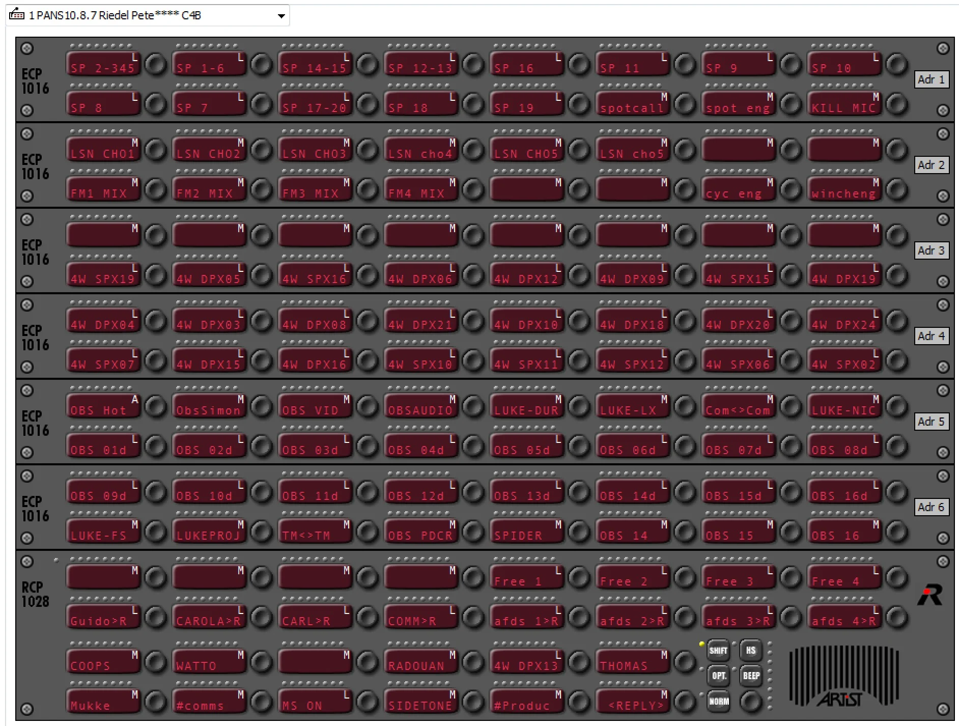 The shift screen has many port volume controls, usually on the same key that is controlled on the main shift page. As usual I have my vintage dBx 81W extended range analog meter on the panel to watch levels. I make good use for the monitor function on my NORM key to switch a panel to listen to meter it. Additionally I set BEEP to copy my reply key to a nearby regular key. Lastly my <REPLY> (or as I call it <ECHO>) is set for scrolling to be able to get back to a recent caller.