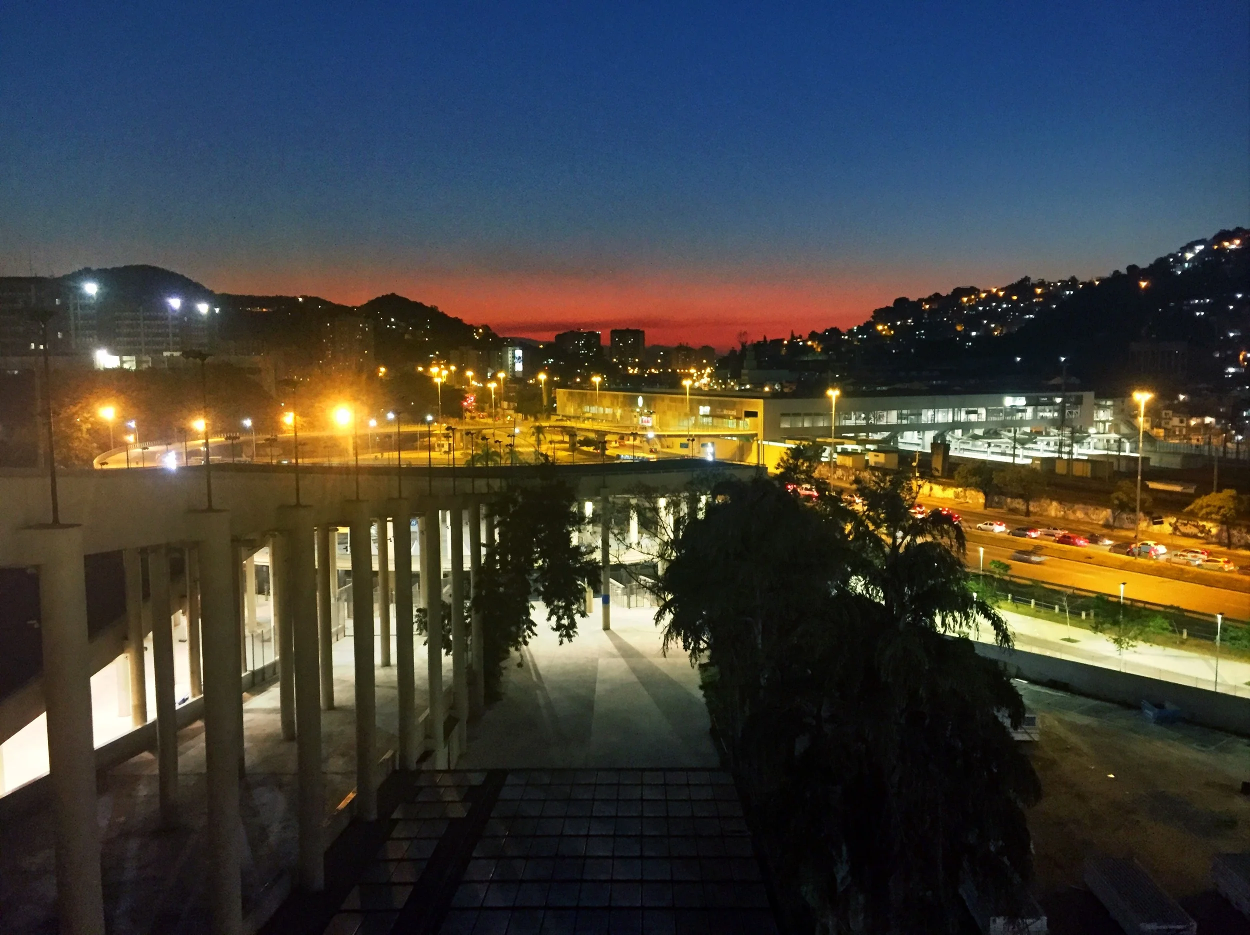 This is the evening view out the back of the control rooms on level 5. That is the local metro station in right center.