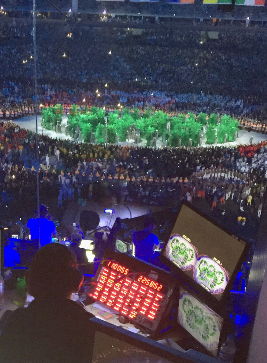 This shows Carola's position. She has Time of day as well as show Timecode displays. The upper right video monitor is her access to the 30+ video cameras in the venue and below it is OBS Program feed.