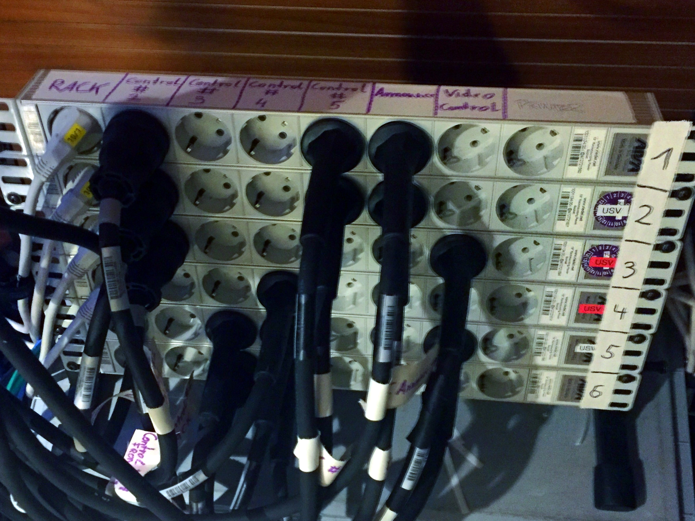 This is the power distribution for the control booths. Each power strip is the output of a UPS. Each column of connectors is assigned to the control rooms and the Nodes.