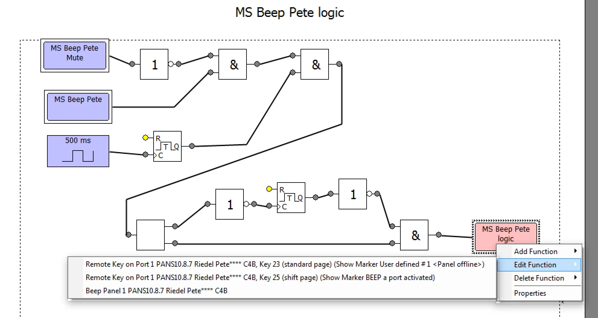 This is the same beep function with an added delay function at the end for monitoring the midi/analog switch-over of feeds to the TV truck. Every time a madi channel is used the analog channel is momentarily on line and a really short beep is created so this function only lets it beep if the error is over 200 ms.
