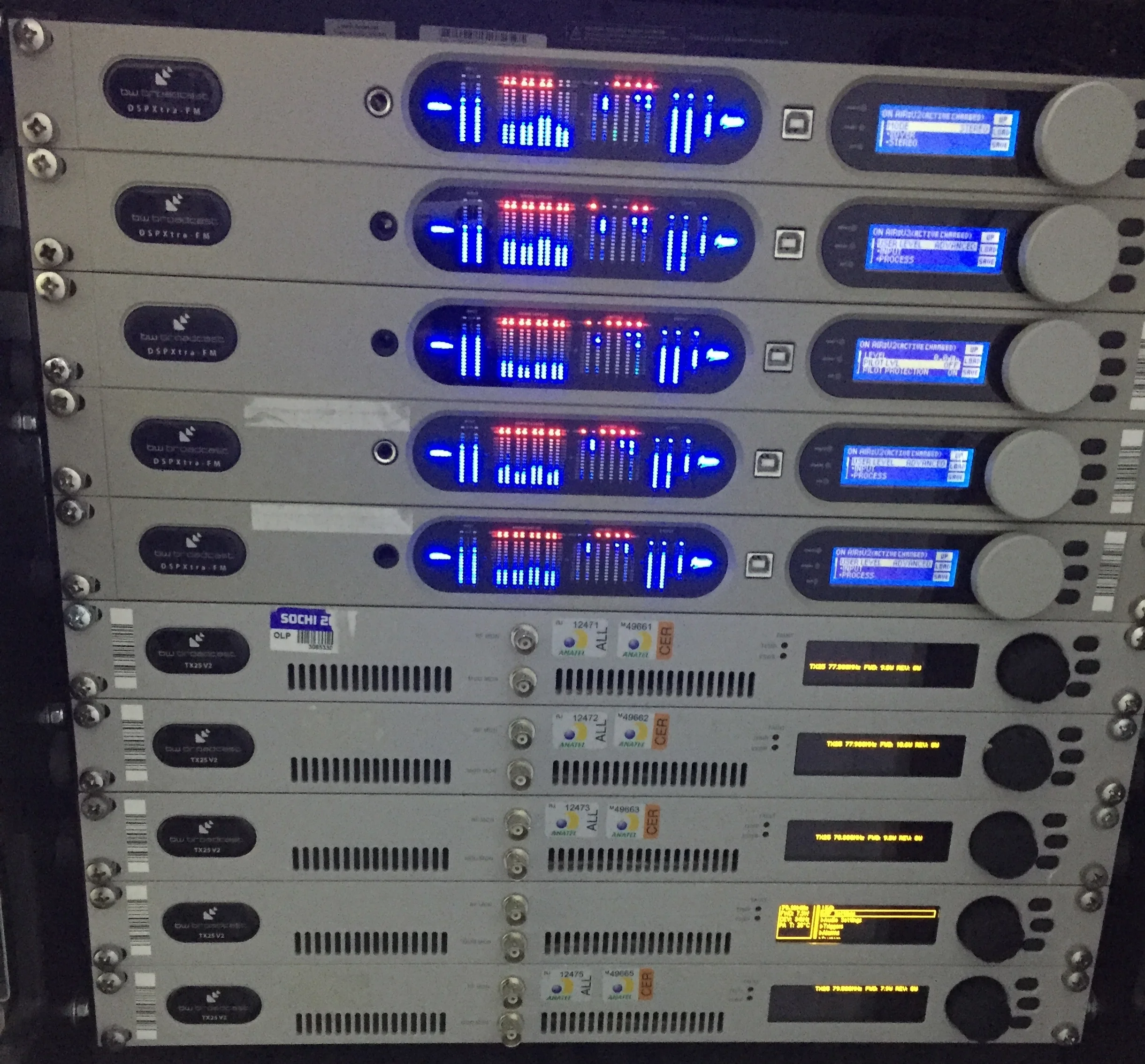 This is the FM Broadcast system from BW Broadcast. The top 5 are DSP FM processors and the bottom 5 are the FM Transmitters