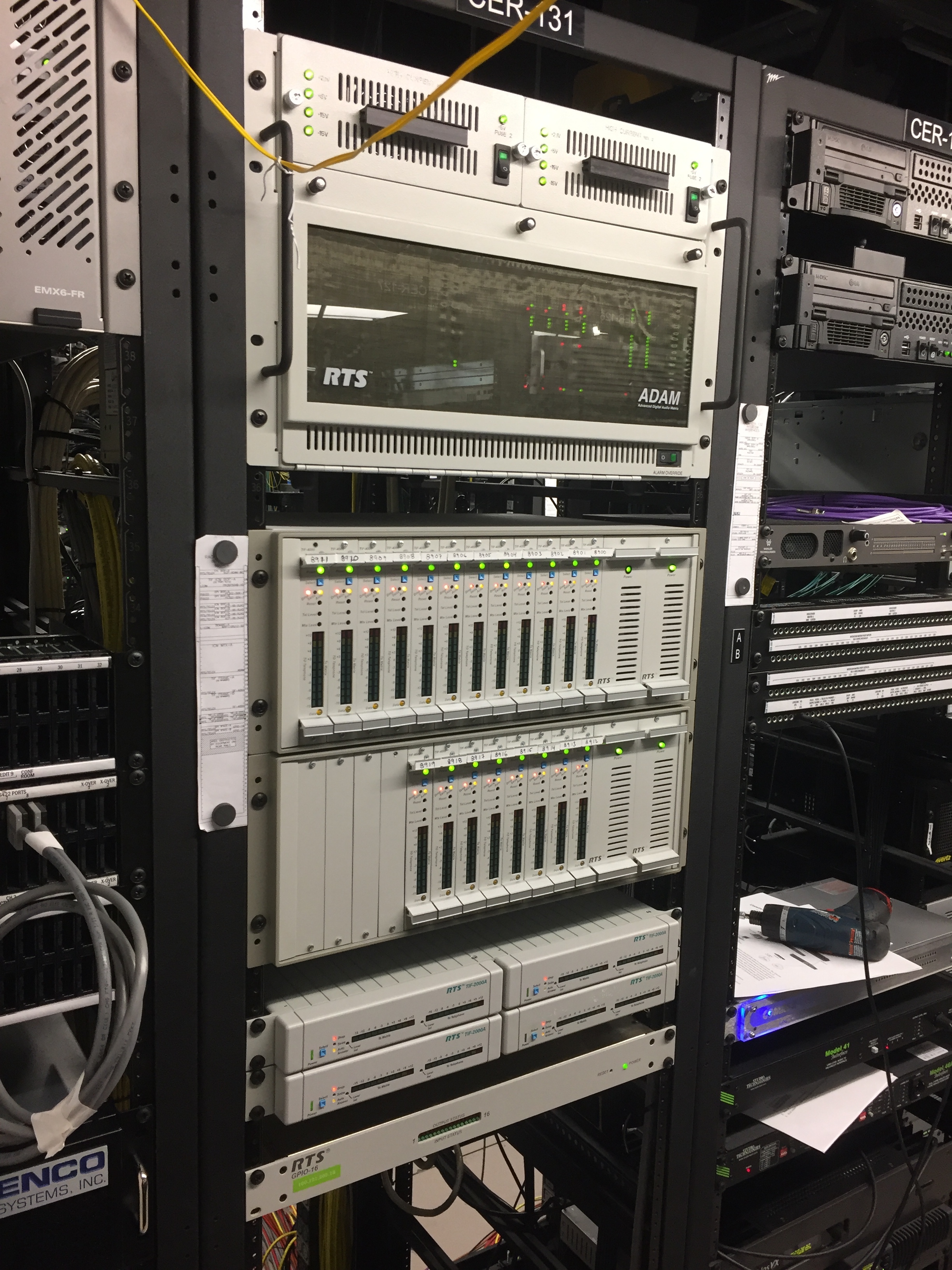below the Adam are the TIFFs and a GPIO-16 panel to interface VOG PTT to the SSL console to prevent VOG announcements when any mic is on the air. Madi cards interface to the RF room. Omneo cards are Dante into the SSL audio consoles. All panels connect to standard analog Adam ports even though they are all Omneo capable. RVON cards connect to the Baseball studios at the stadiums.