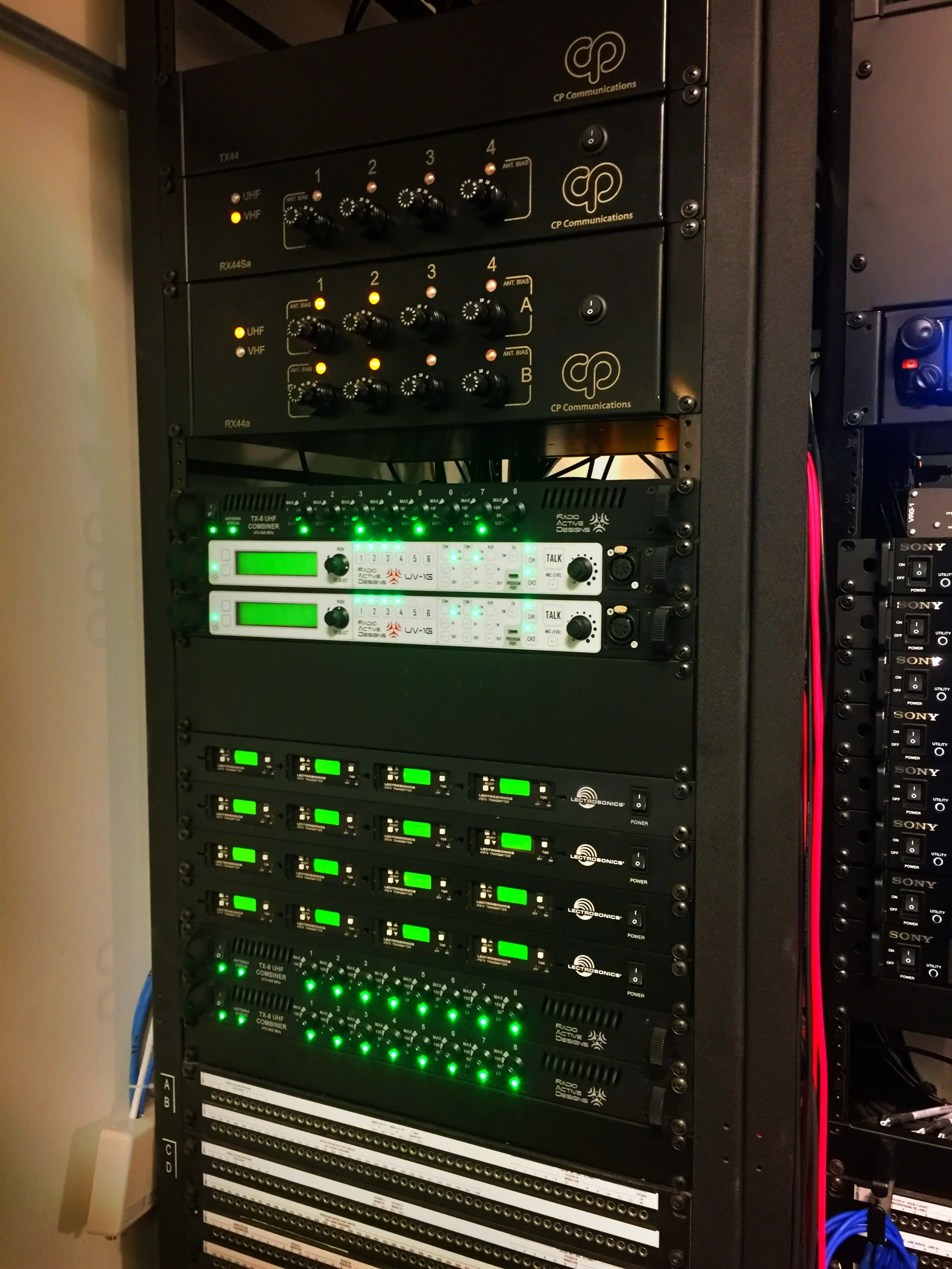 CP Communications installed all the RF equipment. At the top are their custom antenna systems allowing coverage in all areas of the facility. RAD UV-1G wireless intercom, Lectrosonics IFB are below that all using TX-8 RF DAs.