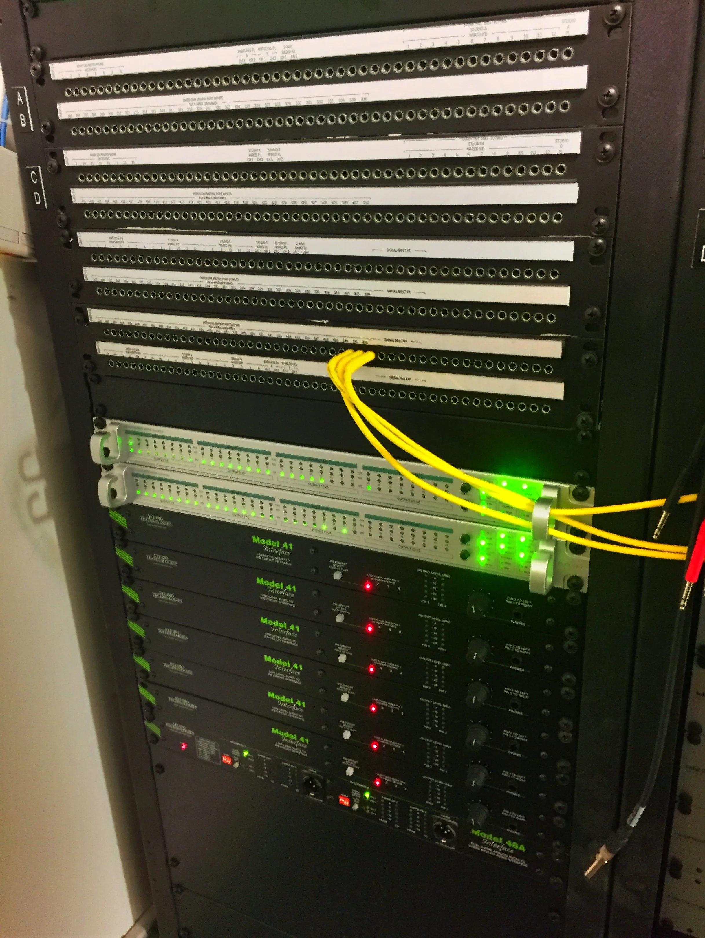 Below patchbay are Direct Out Andiamo Madi to Analog interfaces to the Adam system, Studio technologies Model 41 IFB distribution and Model 46 for wired comms BP325 beltpacks.