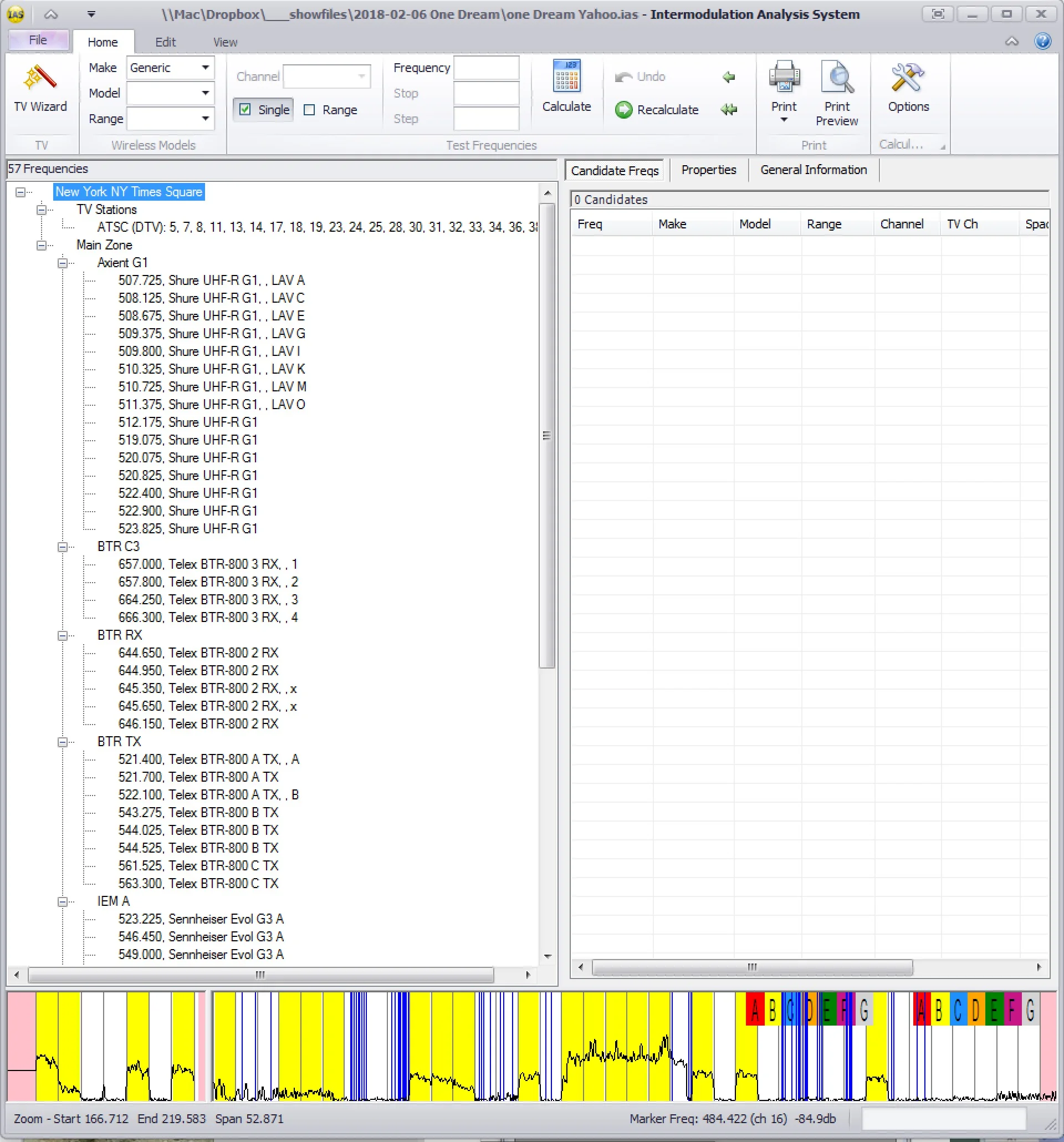 This is what the spectrum scans look like when entered in IAS. Basic information listing for the show at the top of the coord is downloaded from the FCC website and initially sets the DTV channels as yellow. After the actual scan is entered, I can manually right click on each channel and turn on or off the yellow DTV indicator. The scan above from New York, NY Times Square is overlaid on the channels. Yellow channels are DTV. Some yellow channels show no DTV. I have left them active since the FCC database shows them as DTV. The channels might come on at any time.