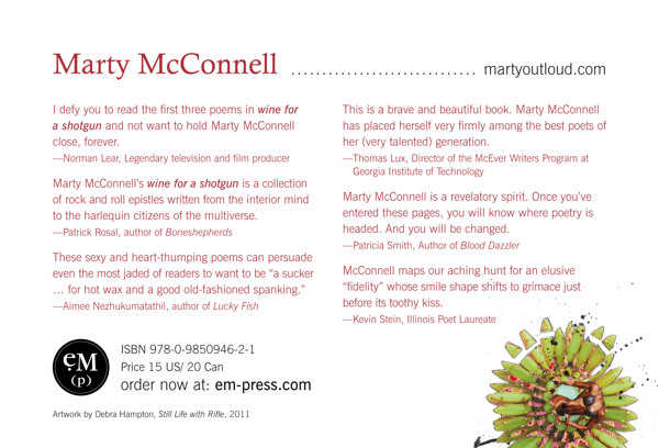 Postcard (back) for promoting Marty McConnell's book, Wine for a Shotgun and book tour