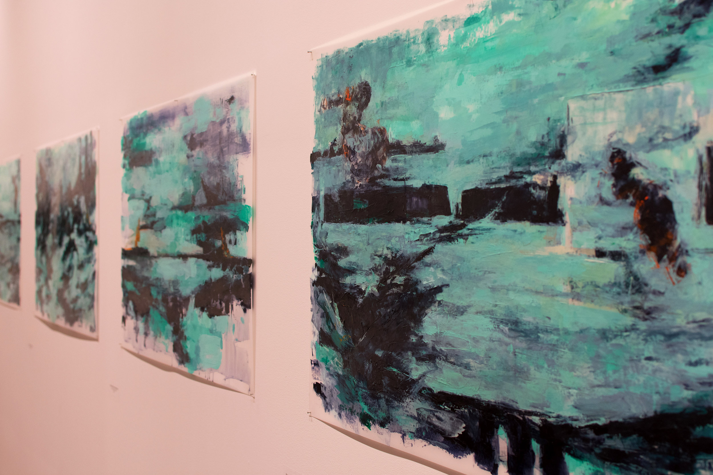 Installation shot of Arctic Residues – Sightings at the Downing Museum, 2017 (foreground: Processing the Scape: Pull , oil and acrylic on Mylar, 25" x 40", 2016)