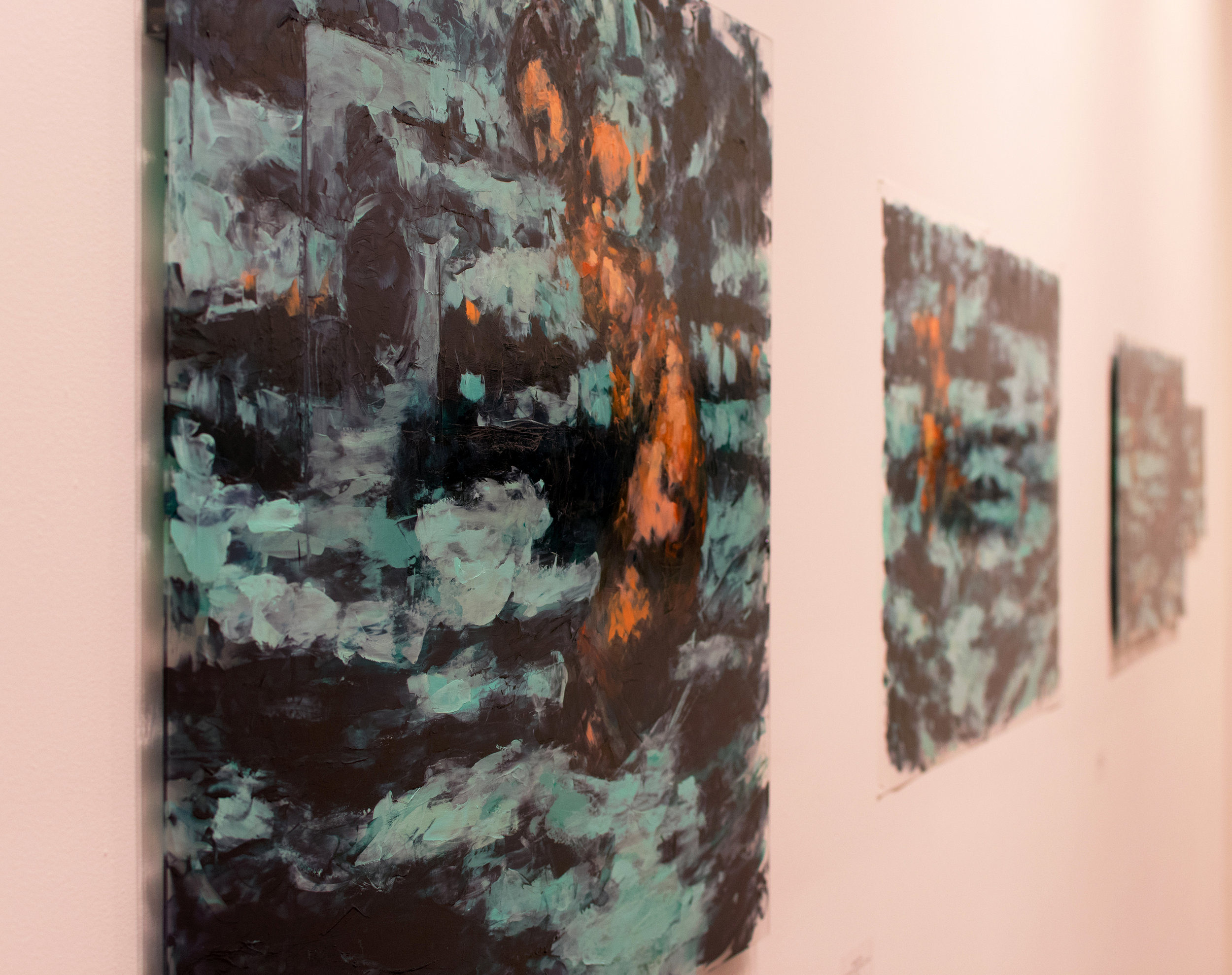 Installation shot of Arctic Residues – Sightings at the Downing Museum, 2017 (foreground: Trapped , oil and acrylic on plexiglass, 30" x 36", 2017)