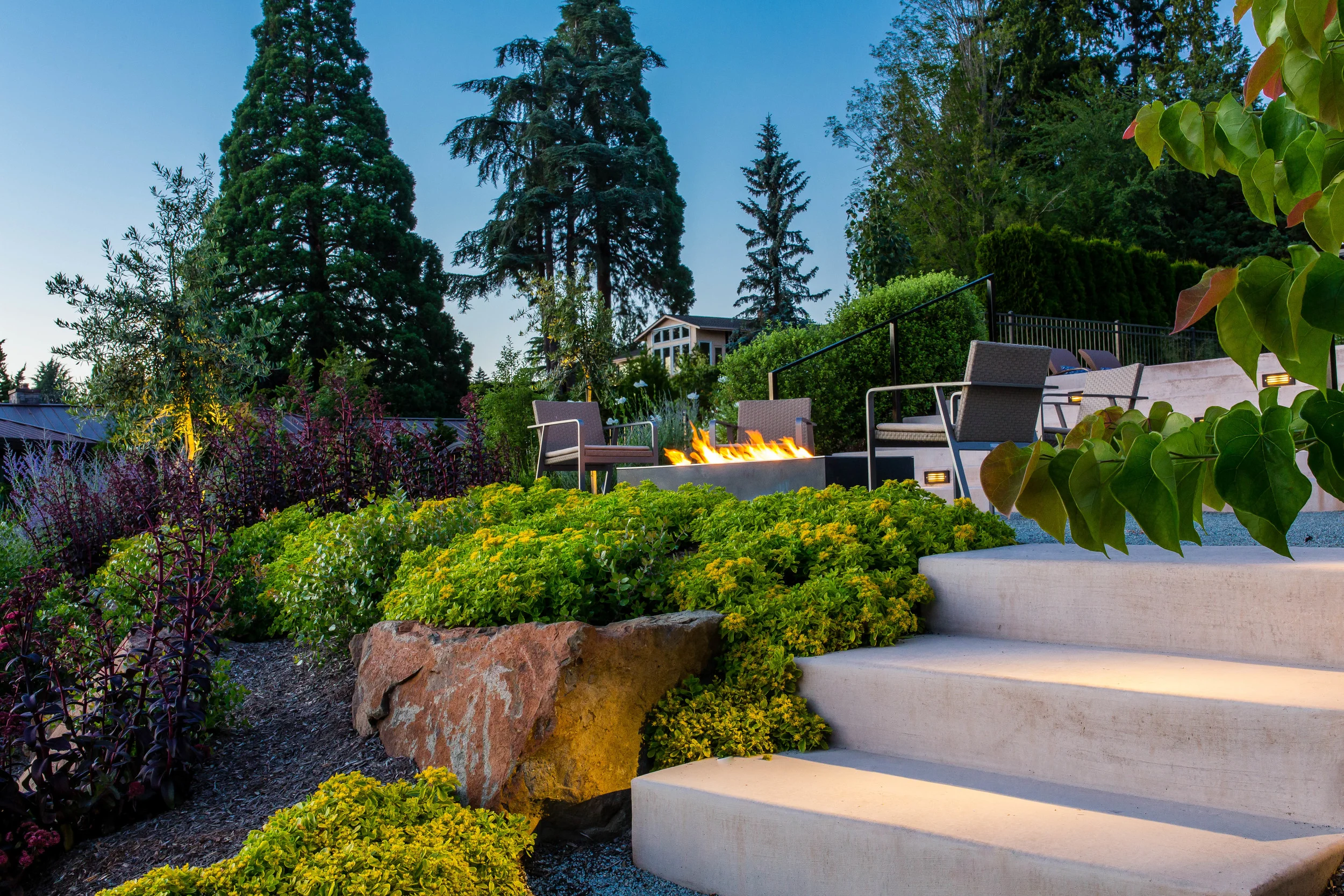 seattle yarrow point waterfront firepit landscape