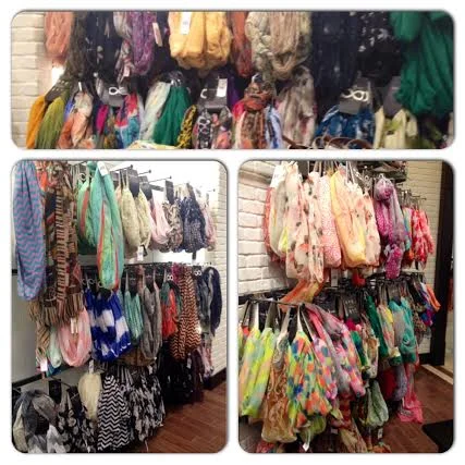 Von Maur's 3 walls of scarves in the Junior Department, ranging in price from $8-$16.