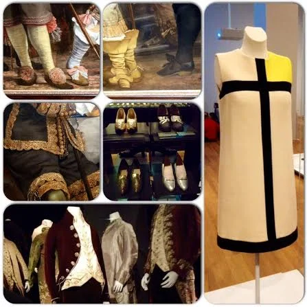 Top row & middle left, both Vermeer and Rembrandt included some of the elaborate ensembles of the time in their paintings. The rest of the pictures show actual clothing items on display in the Rijksmuseum, including, on the right, one of Yves Saint Laurent's classic shift dresses.