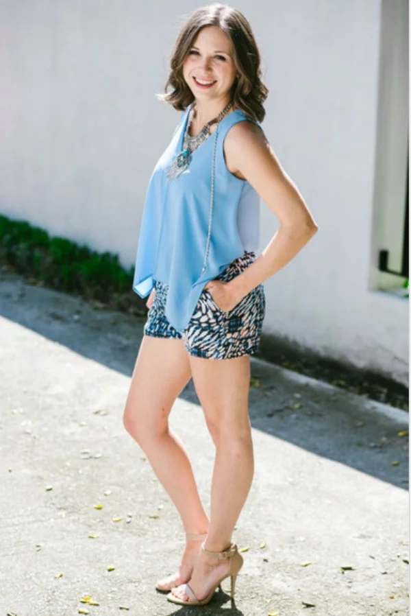 Shorts with pockets? Bonus!! Heels with shorts? If your gams are game, go for it. In keeping with the summery feel, stick to open-toe styles, like sandals and wedges. Animal print shorts and flowy crop top from Fab’rik Homewood.