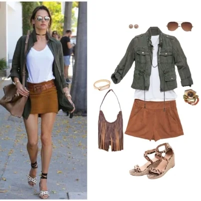 My proportions certainly aren’t the same as Victoria’s Secret model Alessandra Ambrósio, nor is my pocketbook (her Gianvito Rossi sandals alone are $1,095), but that didn’t stop me from loving her summer street style. From my existing wardrobe, I pulled items to emulate the look, but make more sense for my lifestyle: Instead of a genuine suede mini skirt, faux suede shorts from Fabrik Homewood. American Rag jacket (Macy’s); Fabrik v-neck tank; Charming Charlie fringe bag; Stella & Dot stud earrings, aviator shades and long necklace; Banana Republic crystal cuff; Seiko watch (my late father’s); Charlotte Russe leopard wedges.