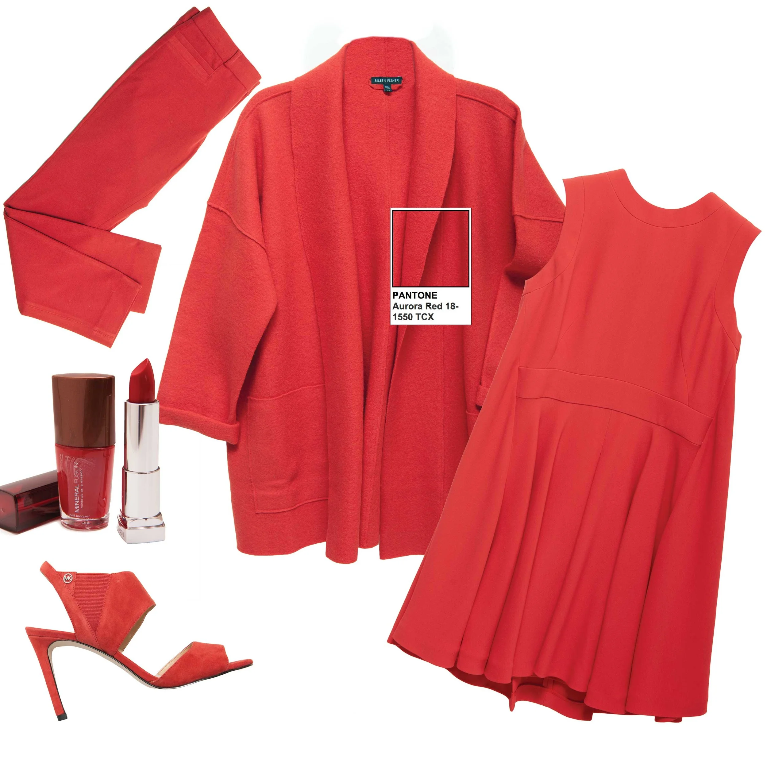 Banana Republic “Sloan” pant, $88 Eileen Fisher jacket, $378 (Belk) Alexander McQueen dress, $1,965 (Gus Mayer) Michael Kors “Marti” sandal, $125 (Belk) Mineral Fusion “Firery Lava” nail polish (Whole Foods) Maybelline “On Fire Red” lipstick (CVS)