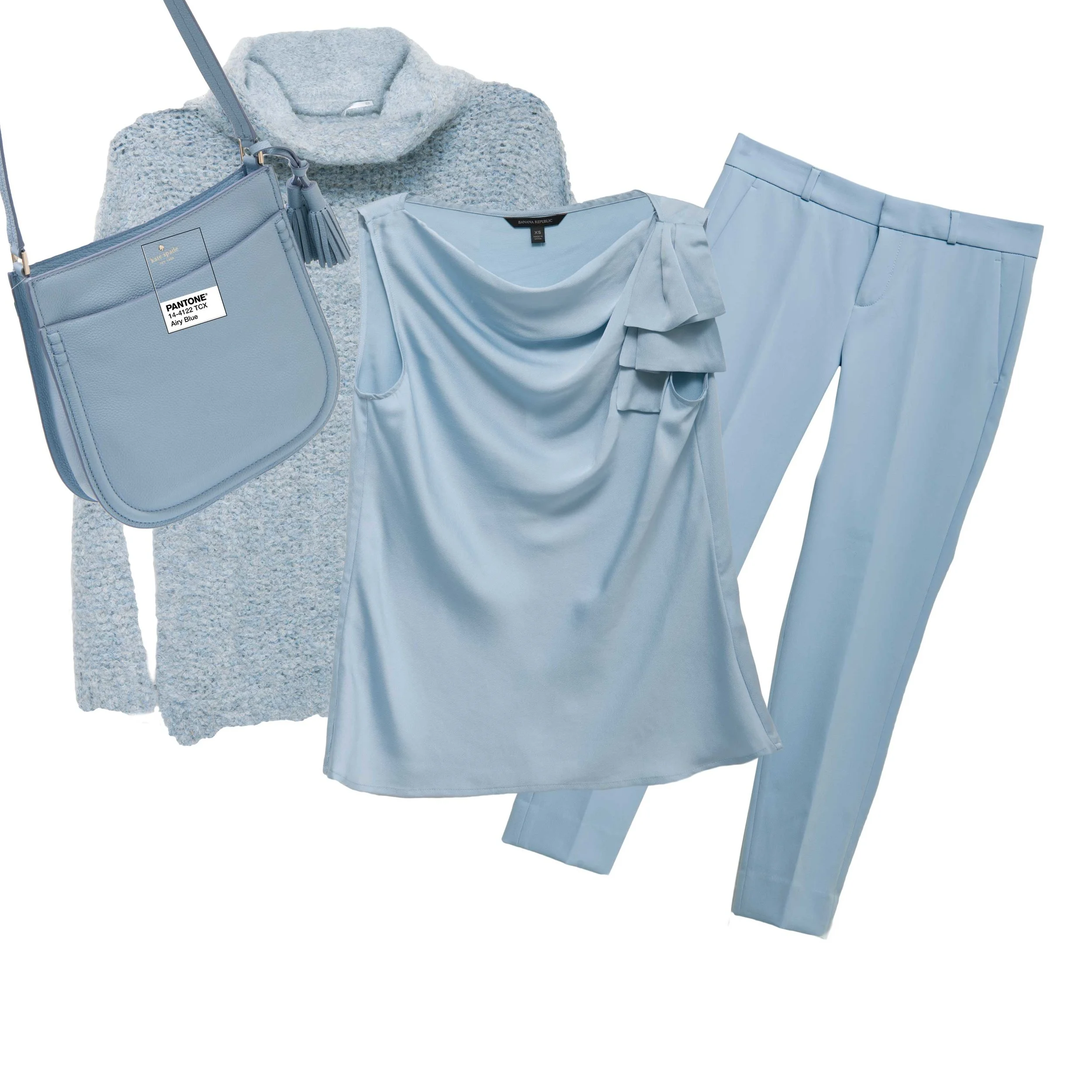 Kate Spade “Hemsley” bag, $358 (Belk) Free People sweater, $128 (Von Maur) Banana Republic top, $68 Banana Republic “Avery” pants, $88