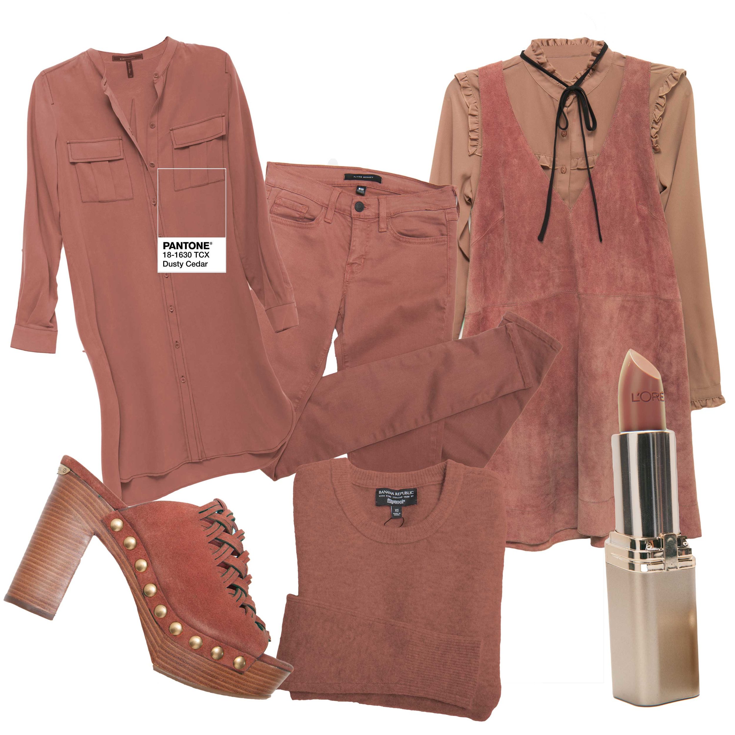 BCBG shirtdress, $248 (Belk) Flying Monkey jeans, $62 (Von Maur) Free People suede jumper, $168 (Belk) Glamorous blouse, $52 (Von Maur) L’Oreal “Saucy Mauve” lipstick (CVS) Banana Republic sweater, $78 Michael Kors “Westley” mule, $165 (Belk)