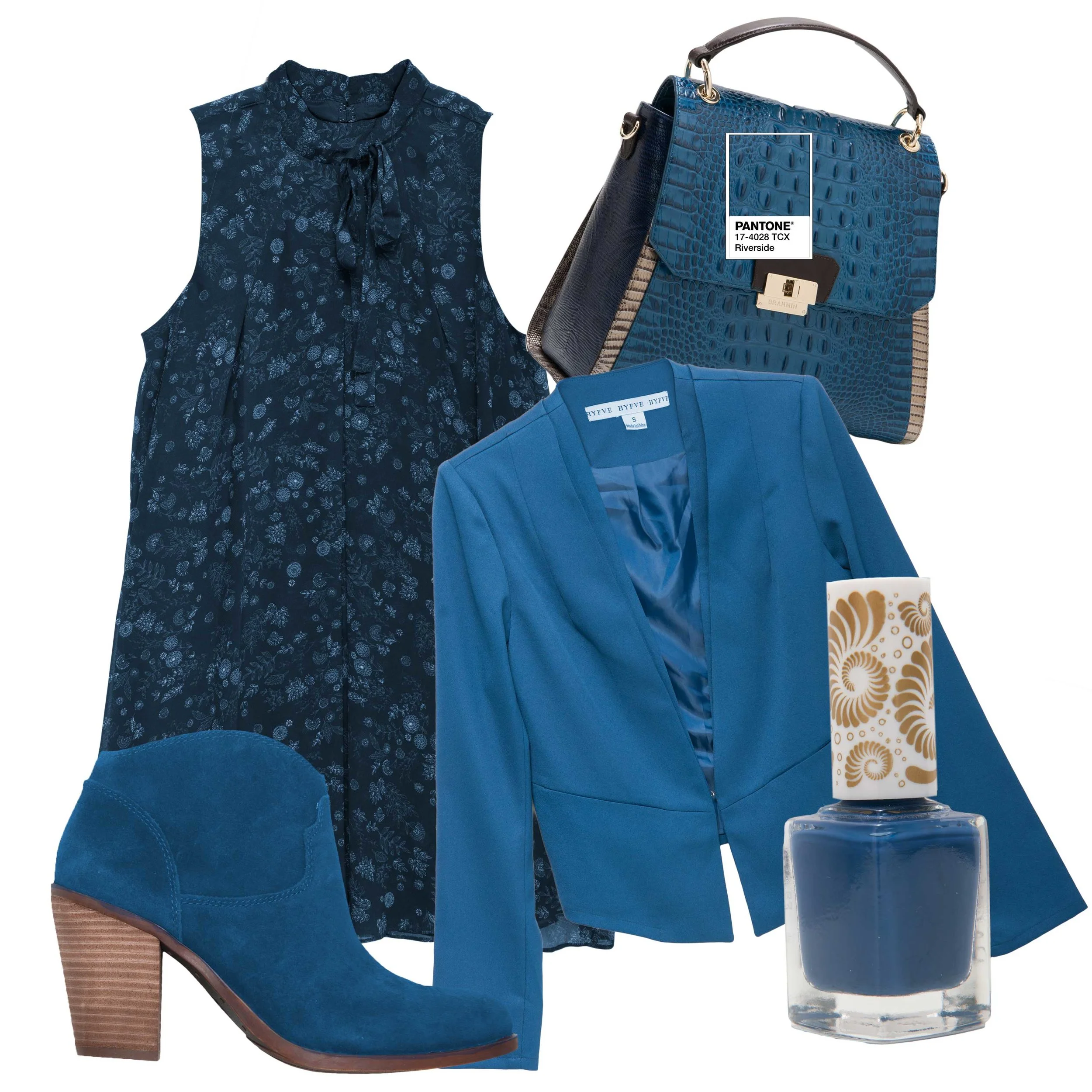 BCBGeneration dress, $98 (Belk) Brahmin “Brinley” handbag, $375 (Belk) Hyfve jacket, $44 (Von Maur) Pacifica “1972 WPool Party” Nail Polish (Whole Foods) Lucky Brand “Eller” boot, $139 (Belk)