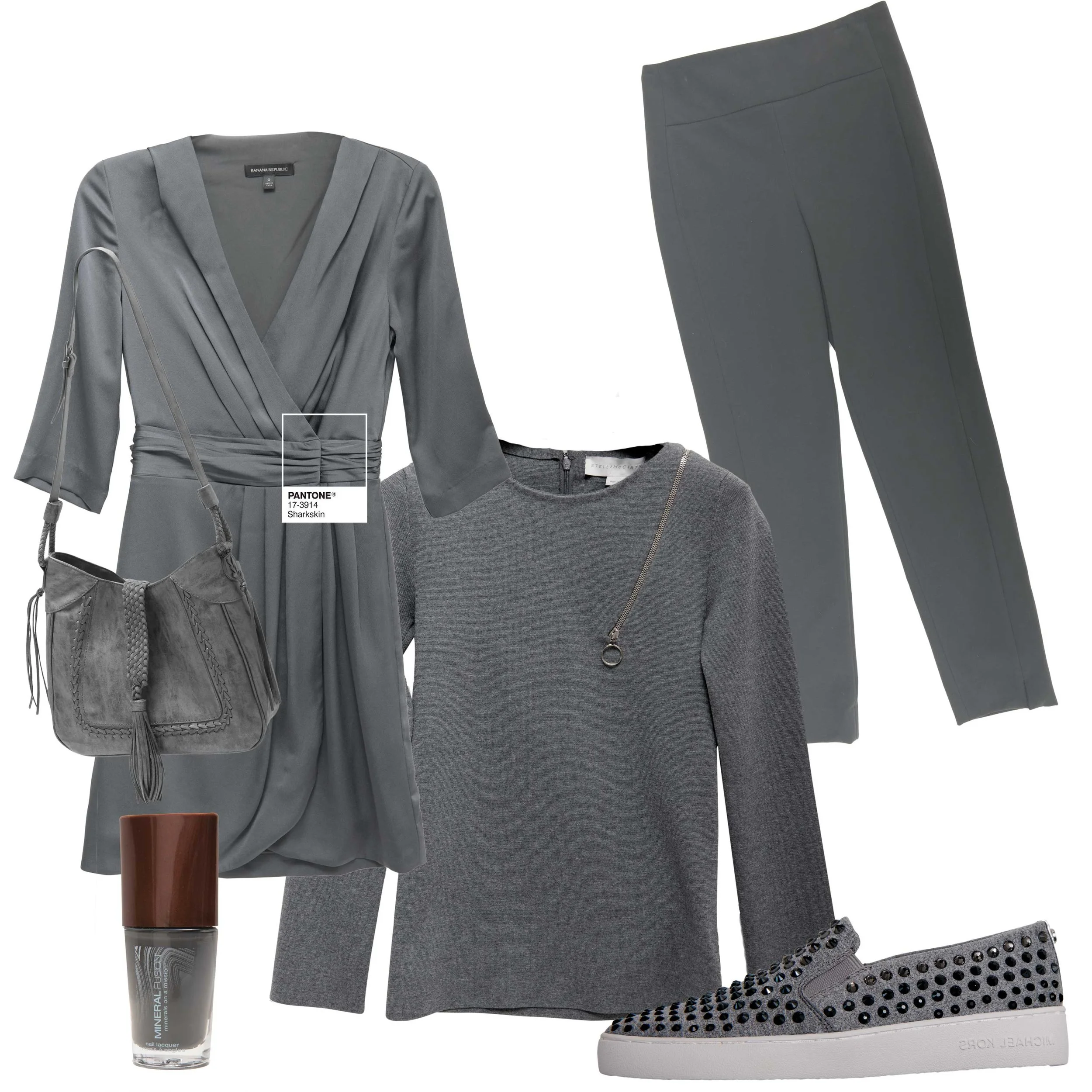Banana Republic dress, $118 Metamorfosi pant, $415 (Gus Mayer) Stella McCartney sweater, $1,375 (Gus Mayer) Michael Kors “Keaton” slip-on sneaker, $125 (Belk) Steven hobo, $98 (Belk) *Mineral Fusion “Slate” nail polish (Whole Foods)