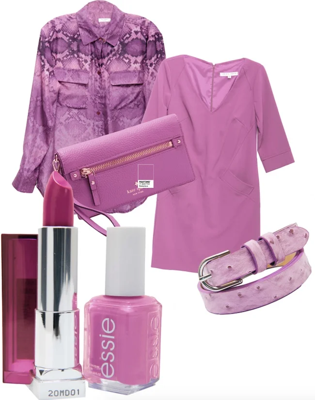 Equipment blouse, $238 (Gus Mayer) Trina Turk dress, $328 (Belk) Banana Republic belt, $38 Kate Spade wristlet, $148 (Belk) Essie “Play Date” nail polish (CVS) Maybelline “Brazen Berry” lipstick (CVS)