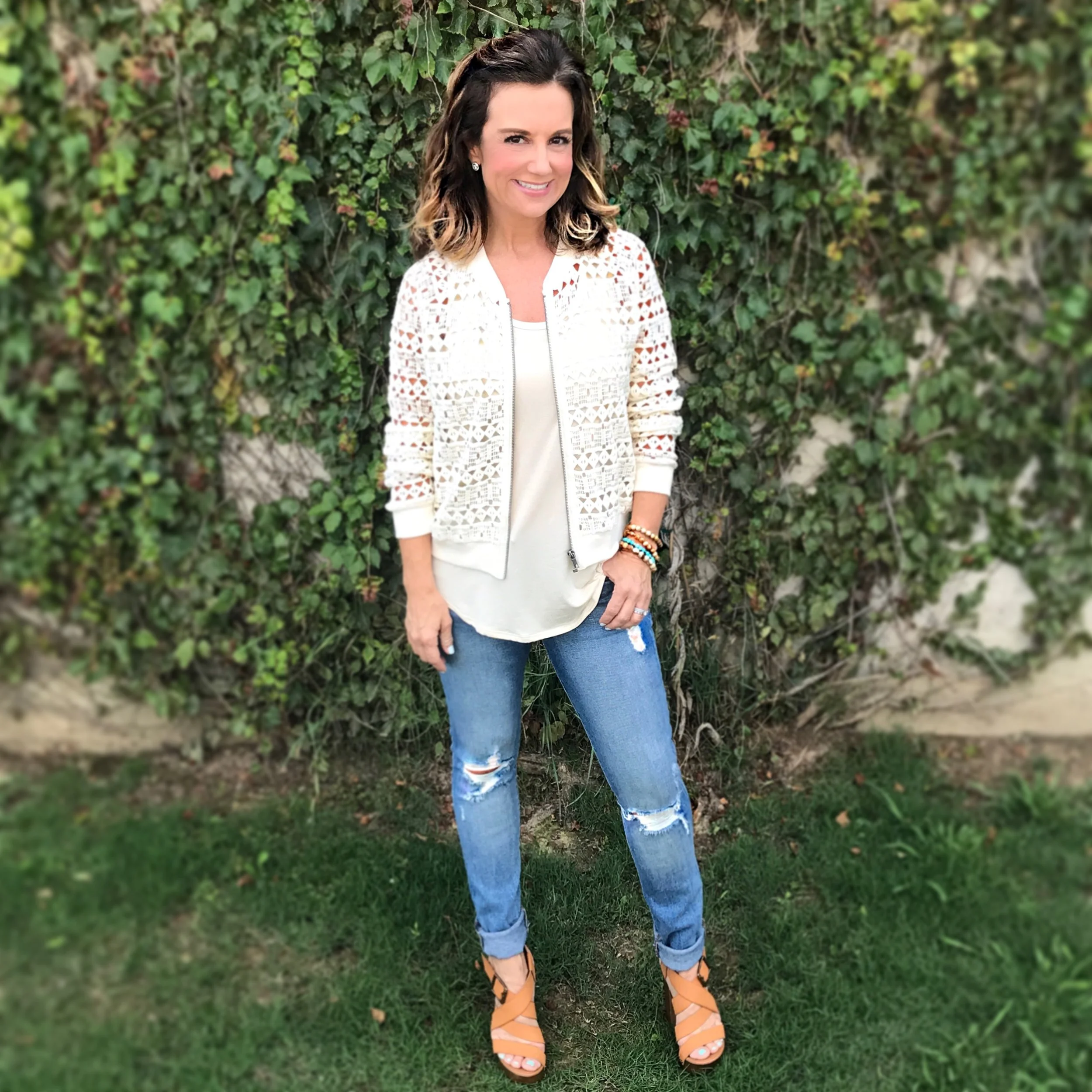 Ripped jeans continue to be on-trend, and I love pairing with something a bit more polished, like this fabulously light and airy Jack by BB Dakota Manuel Bomber, which can carry me right into fall!