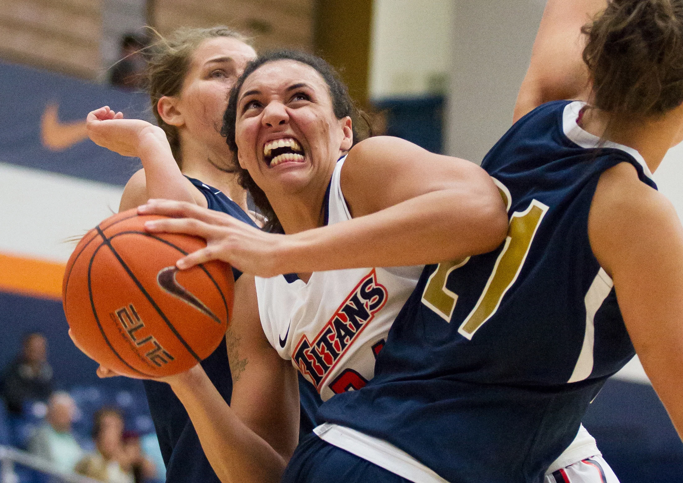 Cal State Fullerton freshman center Daeja Smith (24) looks to shoot during a game against California Baptist University at Titan Gym. 