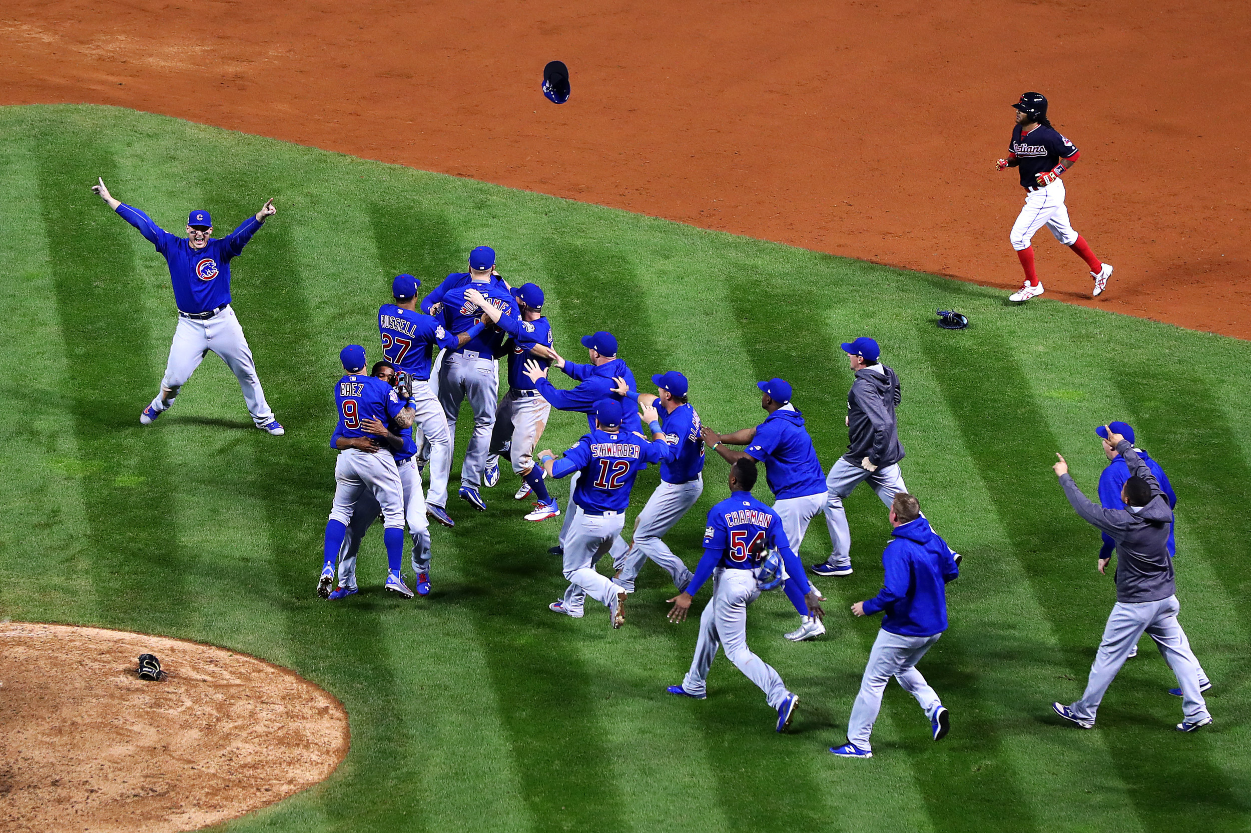 CLEVELAND, OH - NOVEMBER 02: The Chicago Cubs celebrate after defeating the Cleveland Indians 8-7 in Game Seven of the 2016 World Series at Progressive Field on November 2, 2016 in Cleveland, Ohio. The Cubs win their first World Series in 108 years. (Photo by Tim Bradbury/Getty Images)