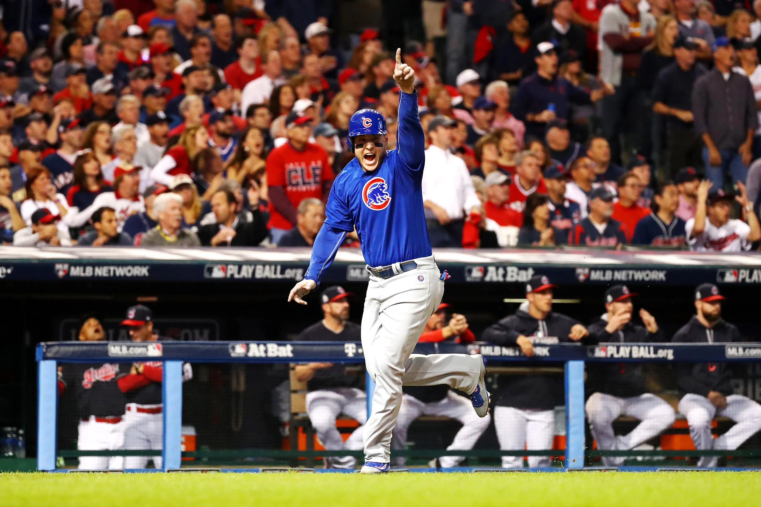 CLEVELAND, OH - NOVEMBER 01: Anthony Rizzo #44 of the Chicago Cubs celebrates after Addison Russell #27 (not pictured) hit a two-run RBI double during the first inning against the Cleveland Indians in Game Six of the 2016 World Series at Progressive Field on November 1, 2016 in Cleveland, Ohio. (Photo by Tim Bradbury/Getty Images)