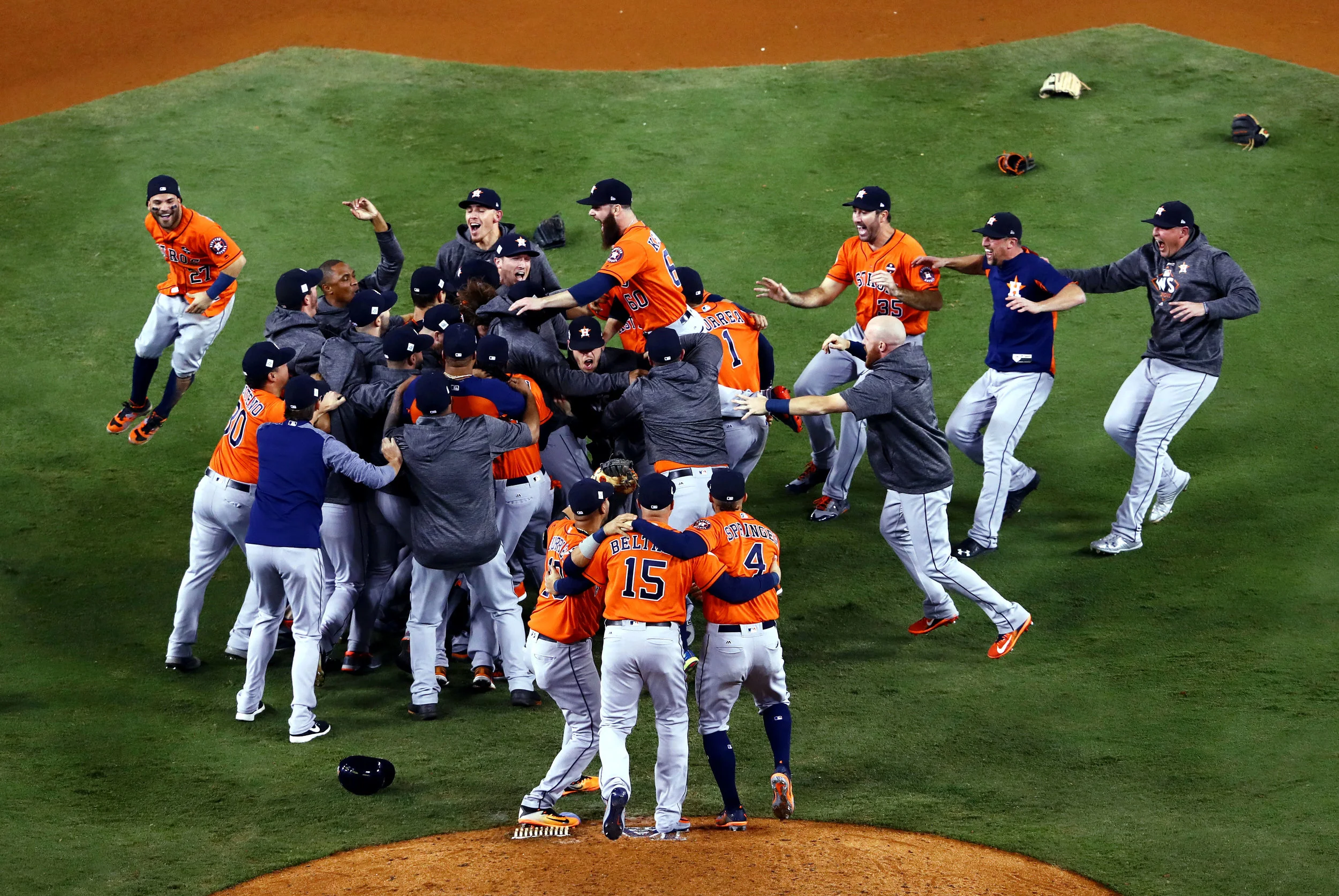 LOS ANGELES, CA - NOVEMBER 01: The Houston Astros celebrate defeating the Los Angeles Dodgers 5-1 in game seven to win the 2017 World Series at Dodger Stadium on November 1, 2017 in Los Angeles, California. (Photo by Tim Bradbury/Getty Images)