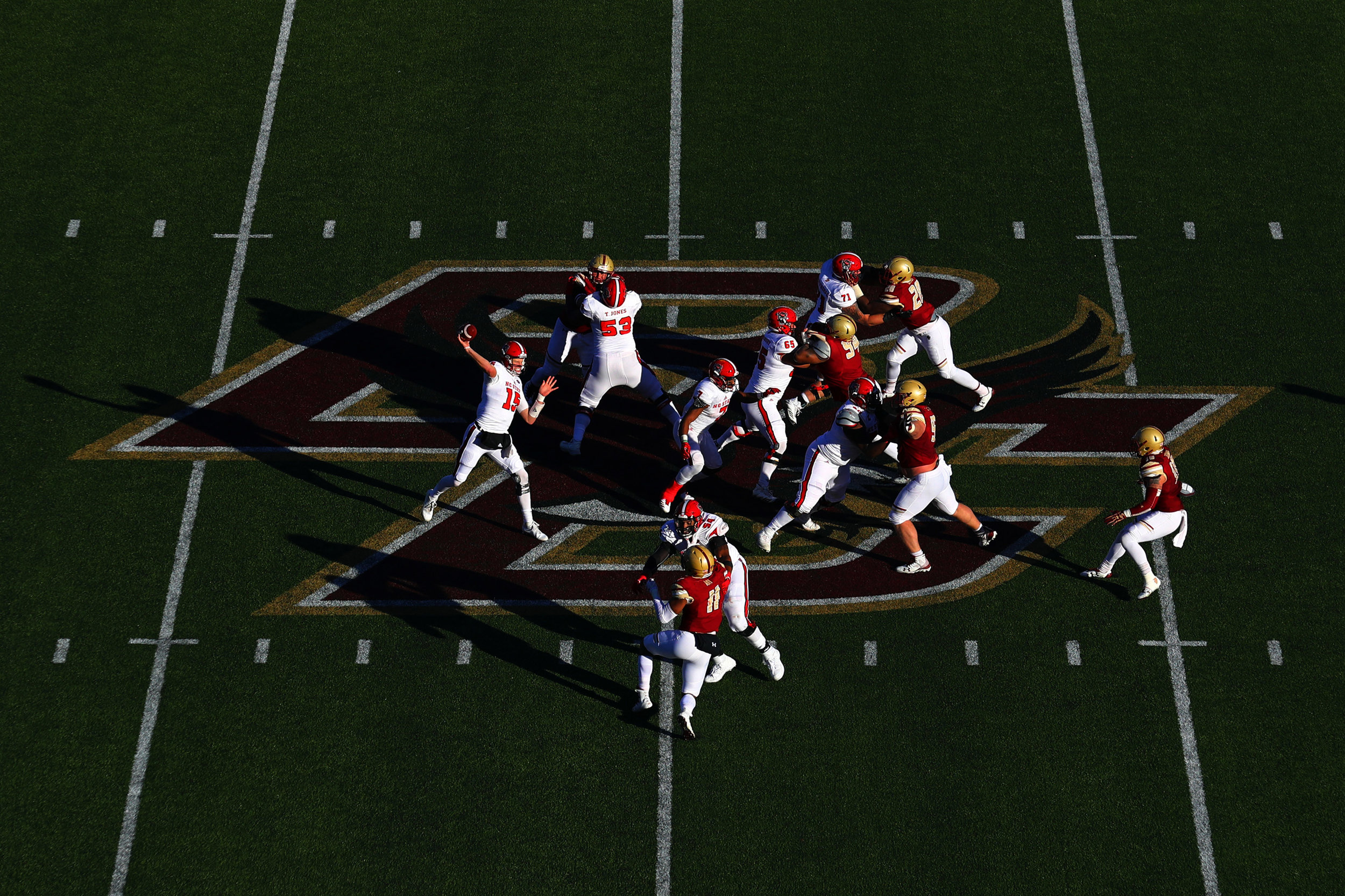 CHESTNUT HILL, MA - NOVEMBER 11: Ryan Finley #15 of the North Carolina State Wolfpack throws a pass during the second half against the Boston College Eagles at Alumni Stadium on November 11, 2017 in Chestnut Hill, Massachusetts. (Photo by Tim Bradbury/Getty Images)