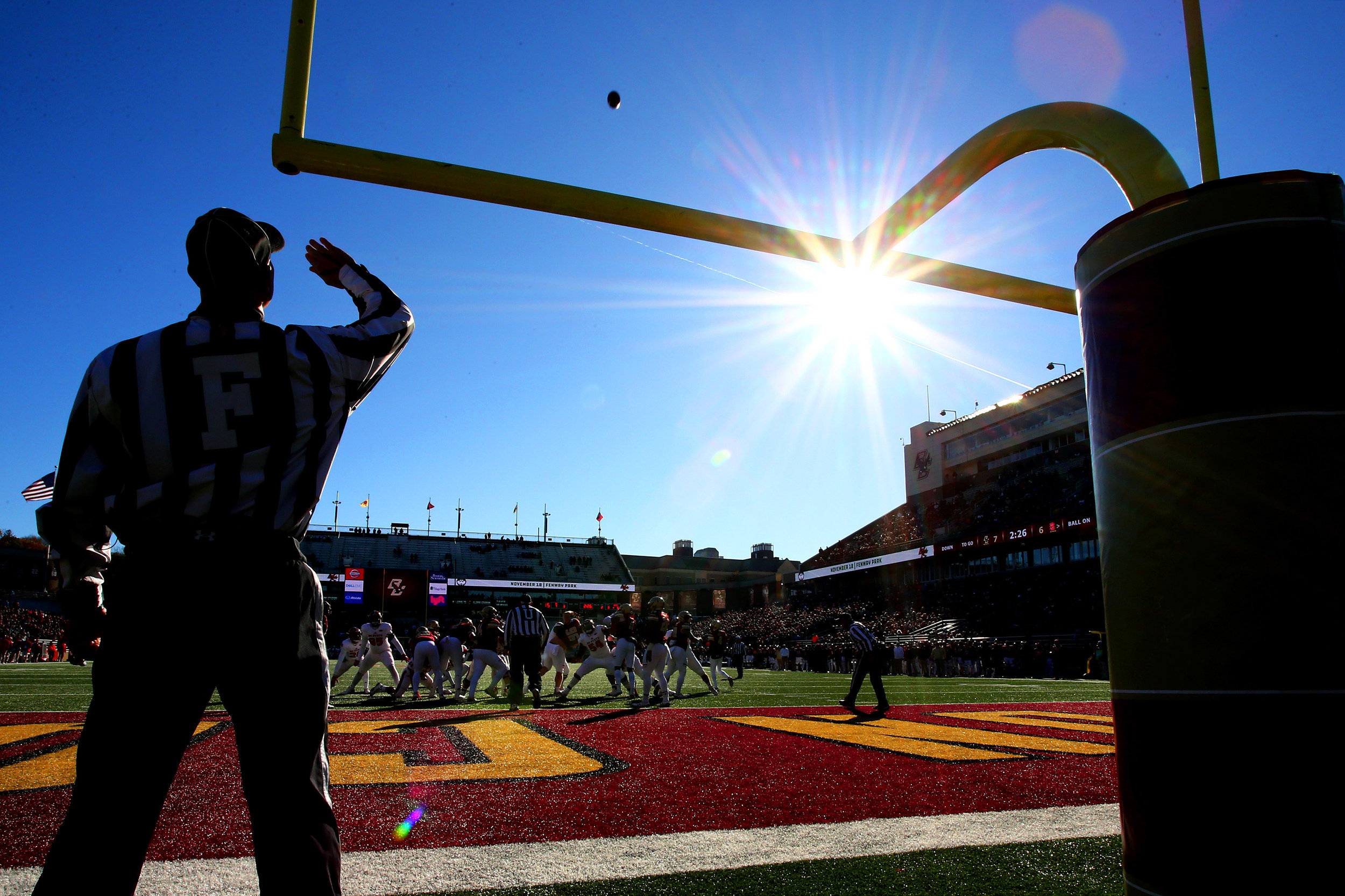 CHESTNUT HILL, MA - NOVEMBER 11: A referee watches a point after try by the North Carolina State Wolfpack during the second quarter against the Boston College Eagles at Alumni Stadium on November 11, 2017 in Chestnut Hill, Massachusetts. (Photo by Tim Bradbury/Getty Images)