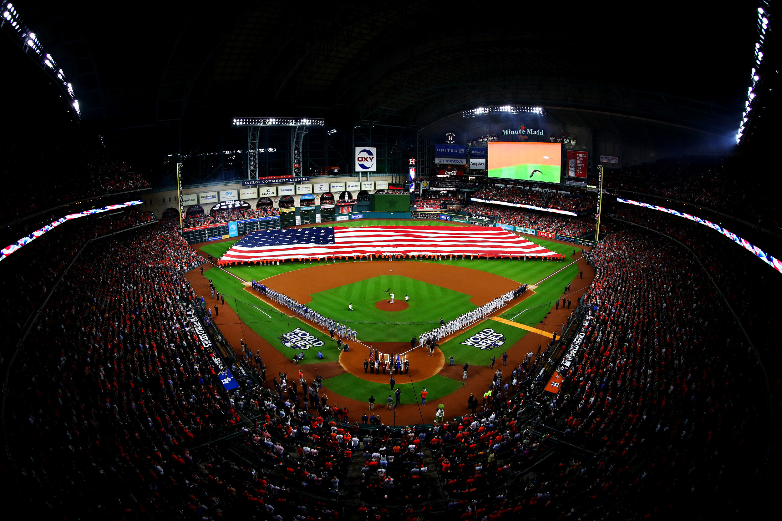 HOUSTON, TX - OCTOBER 27: A general view of the American flag as the national anthem is performed before game three of the 2017 World Series between the Houston Astros and the Los Angeles Dodgers at Minute Maid Park on October 27, 2017 in Houston, Texas. (Photo by Tim Bradbury/Getty Images)