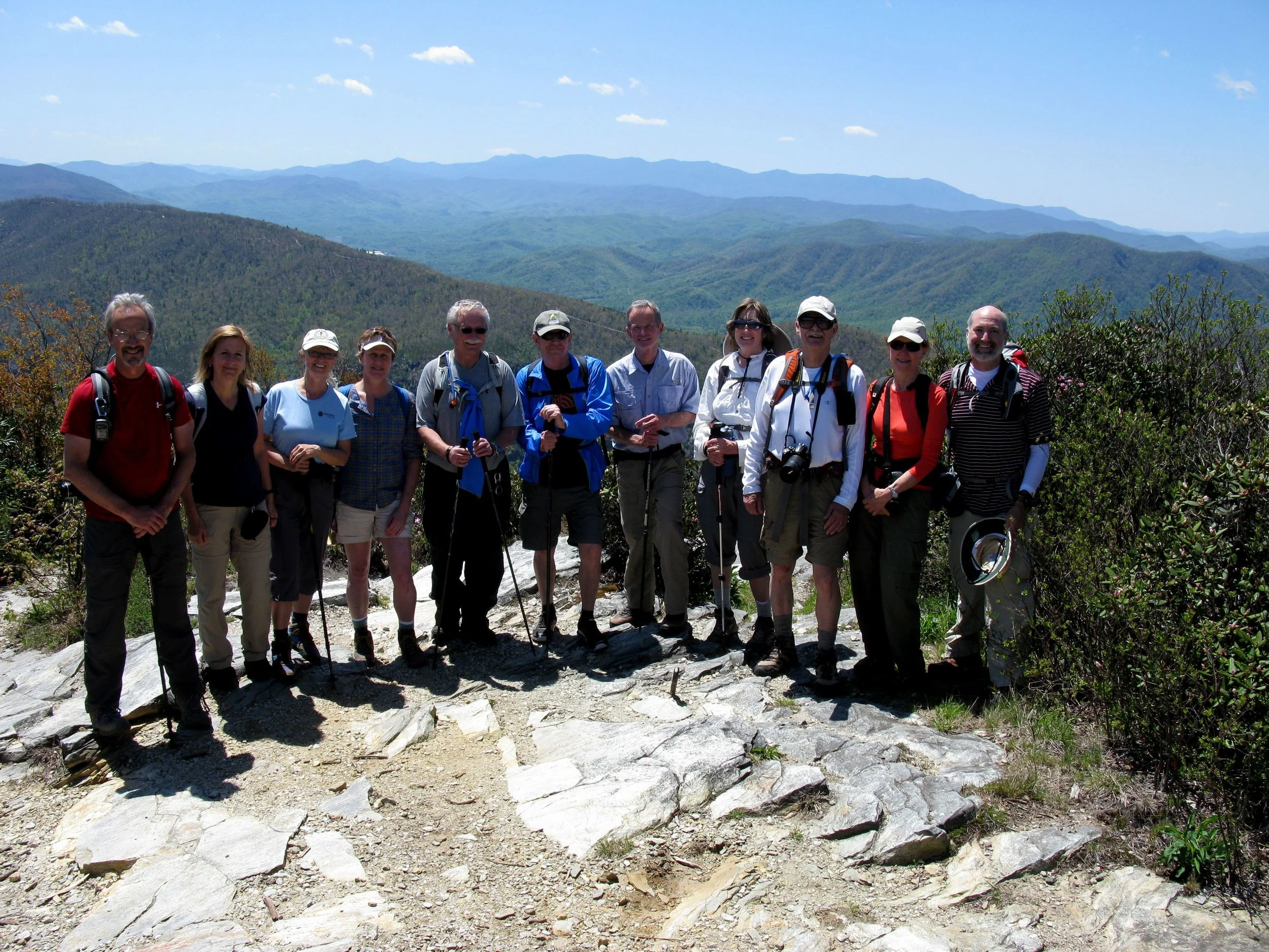 Teryy Powell and others at Table Rock in the Linville Gorge Wilderness. Left to right: Dave Fairall, Fiammetta Rivers, Linda McCorkindale, Cara Youngblood, Joel Wooten, Mitch Davidson, John Dimling, Terry Powell, Brad Herr, Kathy Rigsbee, Jonathan Burgess.