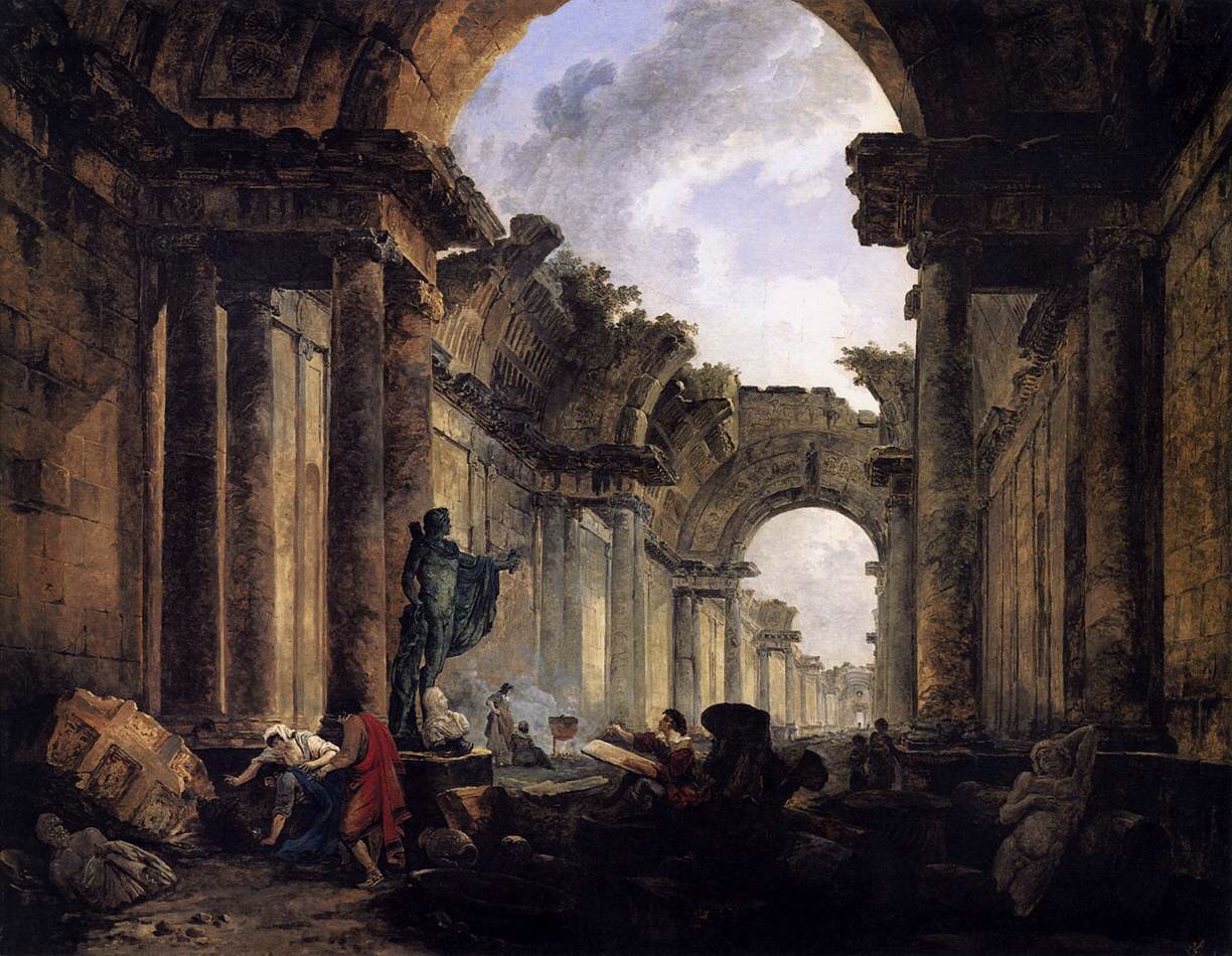 "Vista Imaginaria de la Gran Galeria en el Louvre en Ruinas" por Hubert Robert, 1796
