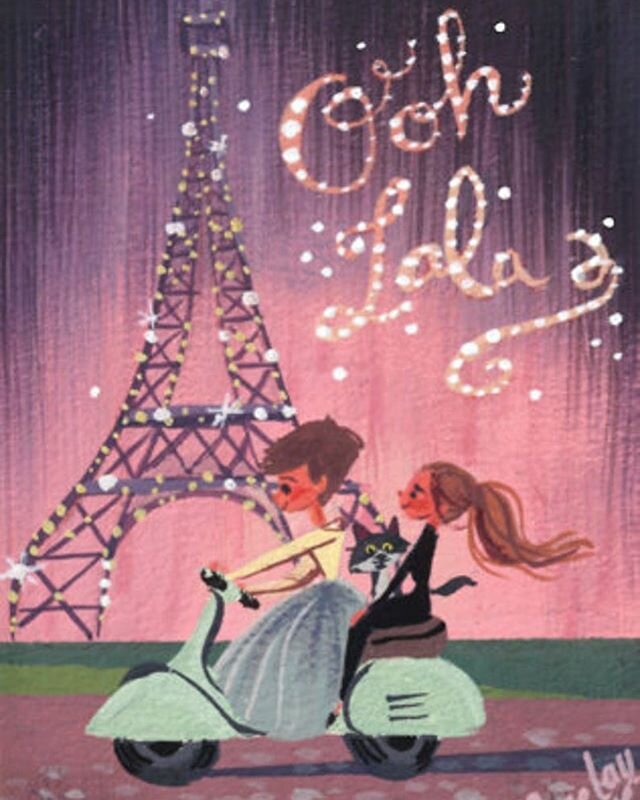 OH LA LA #travel #paris #vespa #vintage #pink #retro #sparkle #magic #fun #illustration #painting #etsy #print