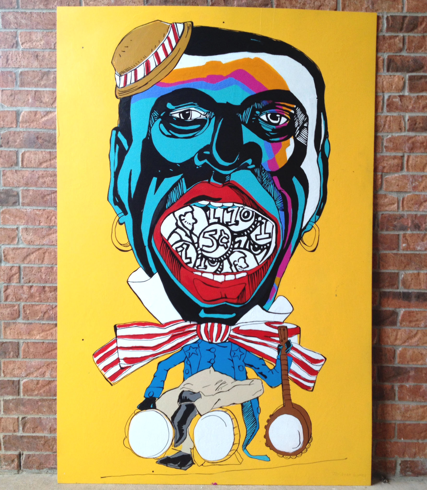 Trichotomy of 5 Cents: Greed, 2013, 72" x 48", Acrylic, enamel, and paint marker on wood panel