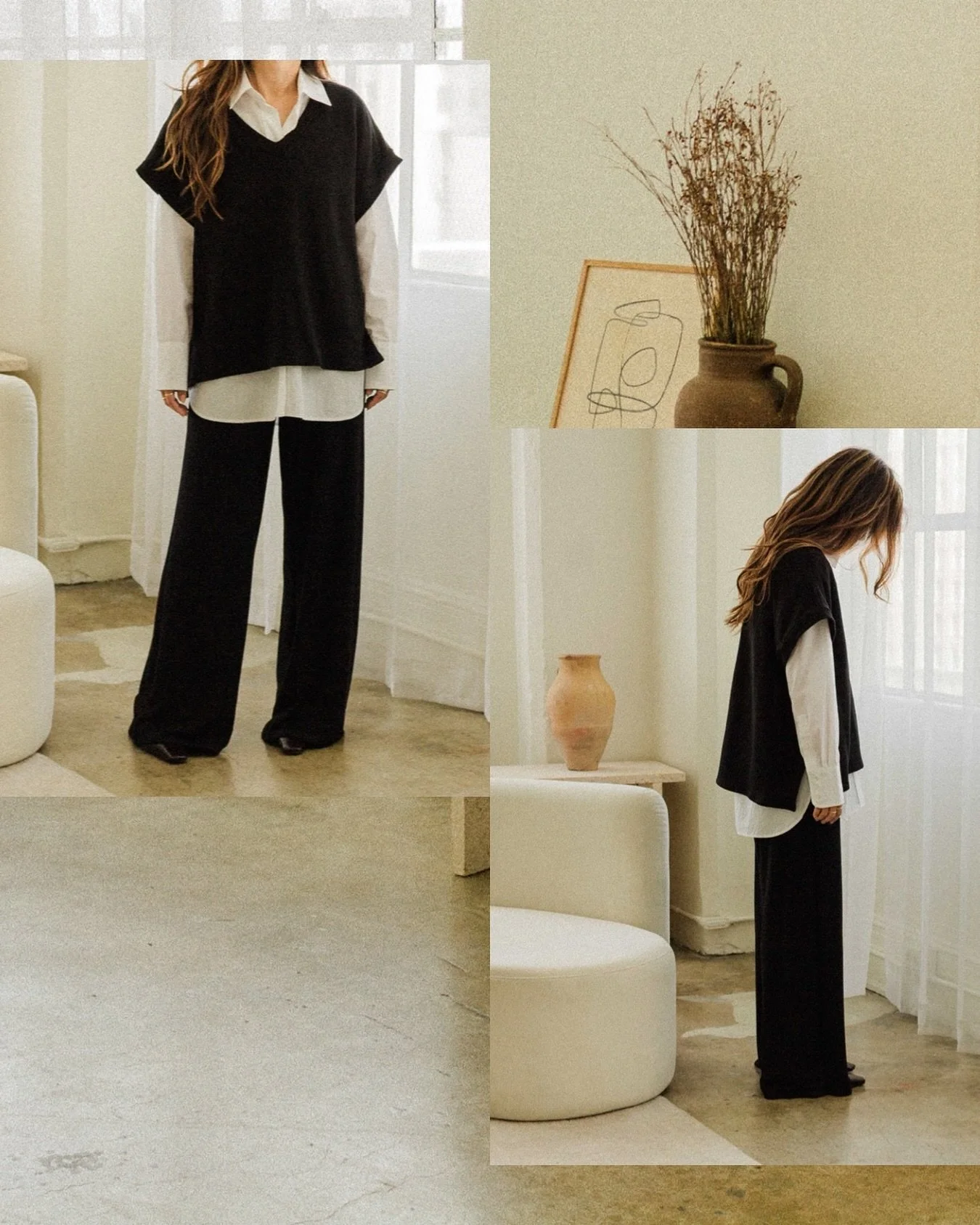 So many of you loved the Pico Sweater Vest so I made another vest called the Lina Seeater Vest but more tunic style with side slits on both sides and shorter front hem. See here in Black with the Adelyn Pant which is our longest inseam pant. #corinne