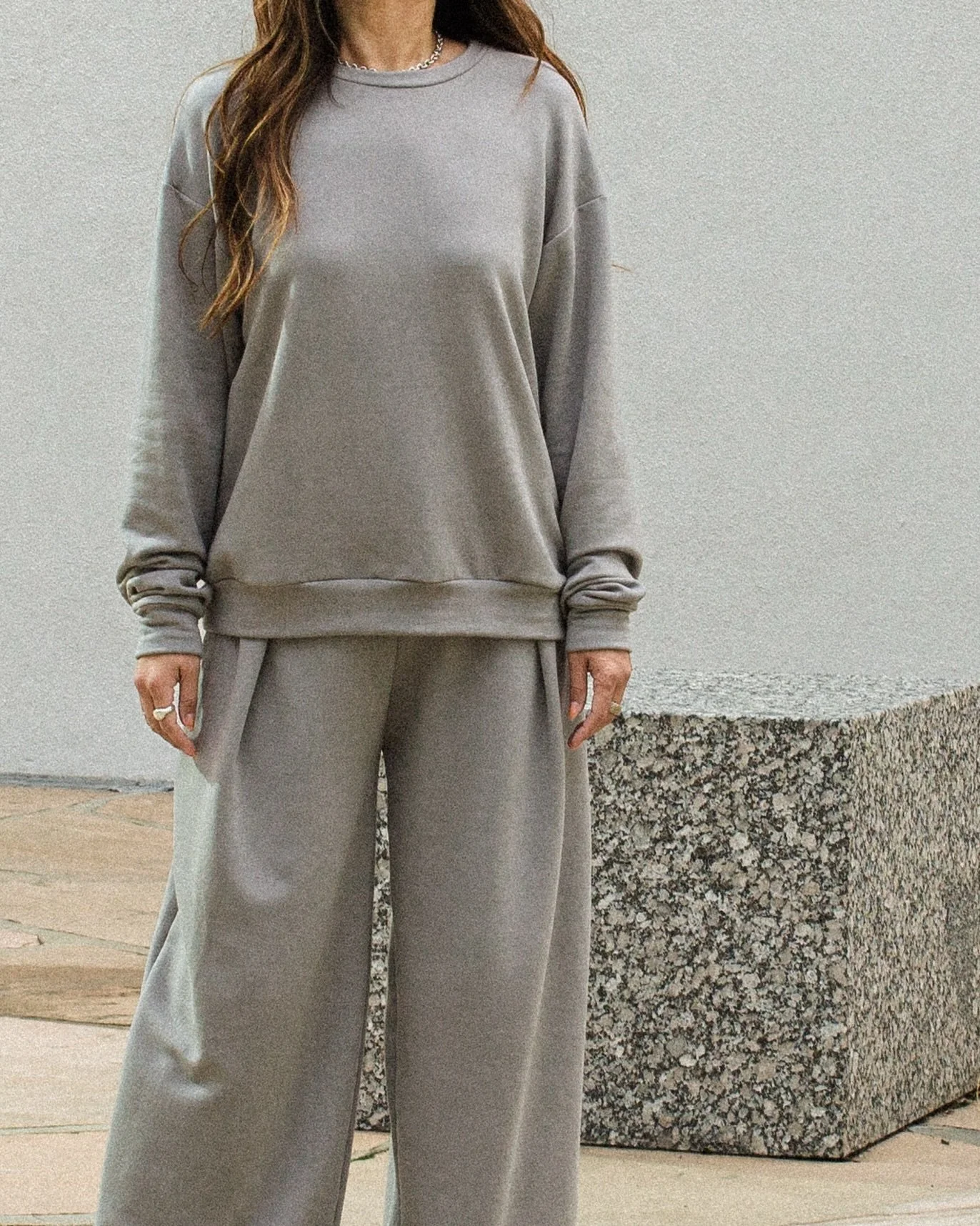 Boyfriend Sweater &amp; Jojo Pleat Pant.

Light Grey.

Soft. Slightly oversized. Made to live in.

This is the kind of set you reach for without thinking. 

#corinnecollection