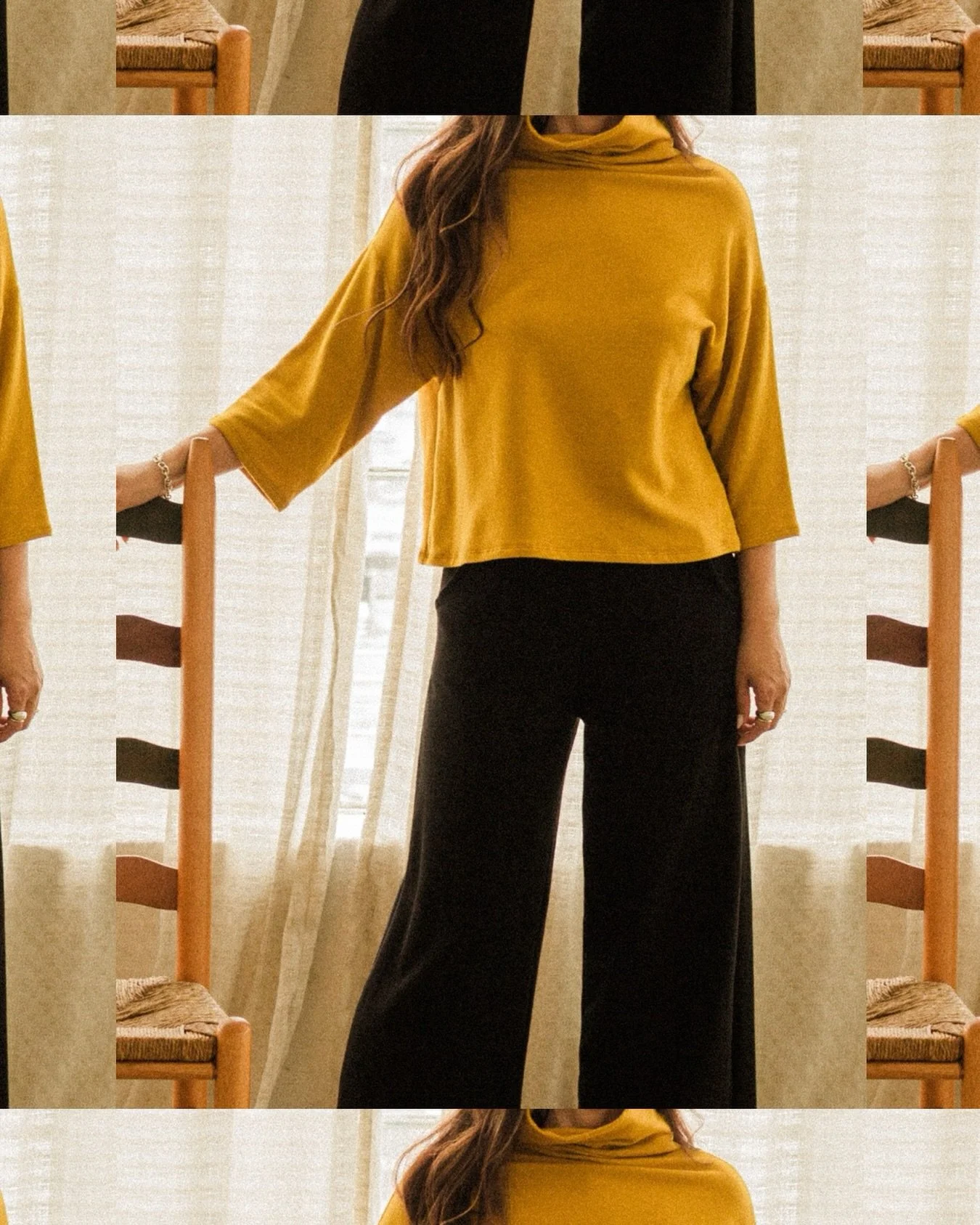 Bucket Sweater in Mustard paired with the Olivia Trouser in Black. 💛 #corinnecollection