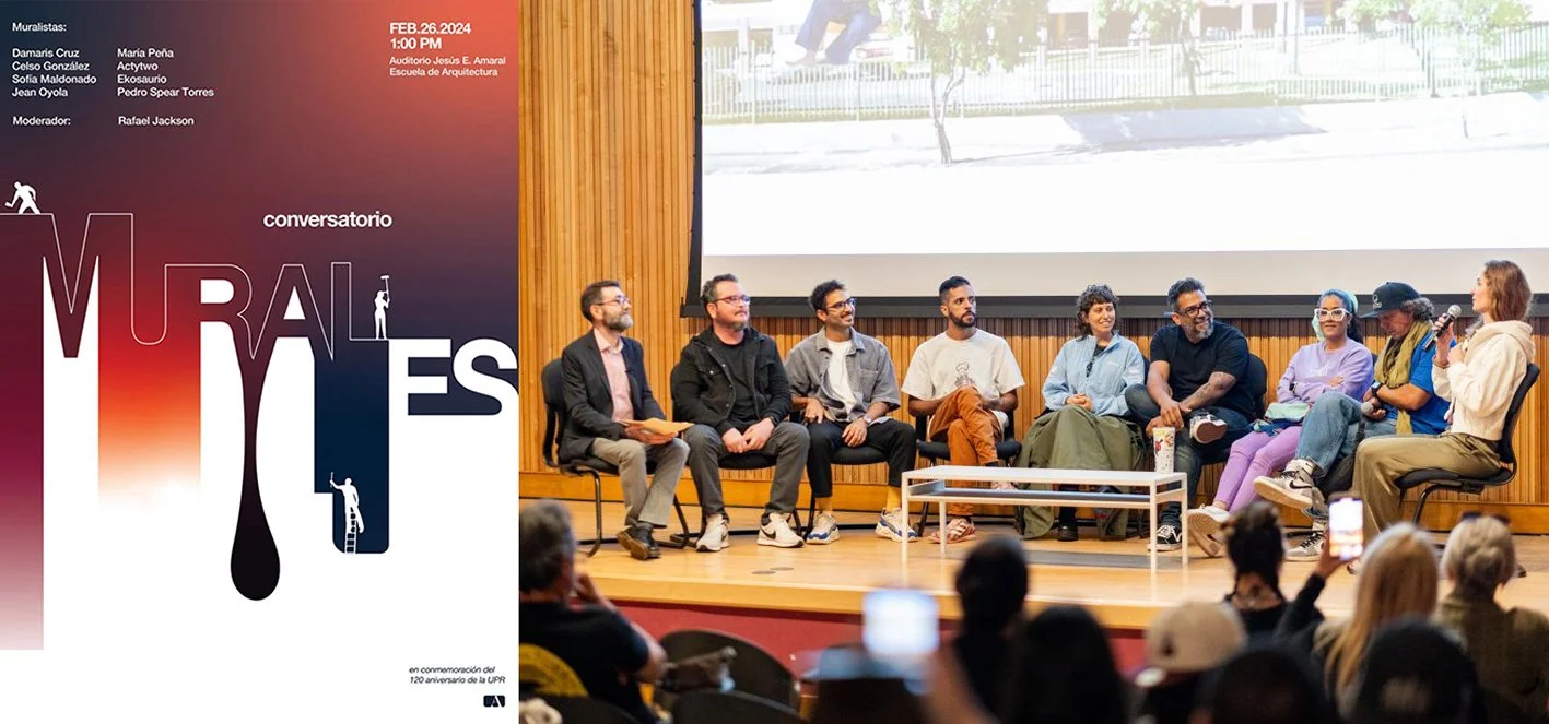 Foto del conversatorio entre muralistas organizado por la Escuela de Arquitectura de la UPR con los muralistas Damaris Cruz, Celso González, Sofía Maldonado, Jean Oyola, María Peña, Actytwo, Ekosaurio y Spear Torres moderado por Rafael Jackson.
