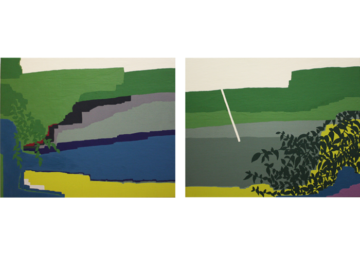 Summer time , 2009. Óleo e cera sobre tela. Díptico. 40 x 50 cm cada. Medida total: 40 x 103 cm. Summer time, 2009. Oil and wax on canvas. Diptych. 40 x 50 cm each. Total measure: 40 x 103 cm.