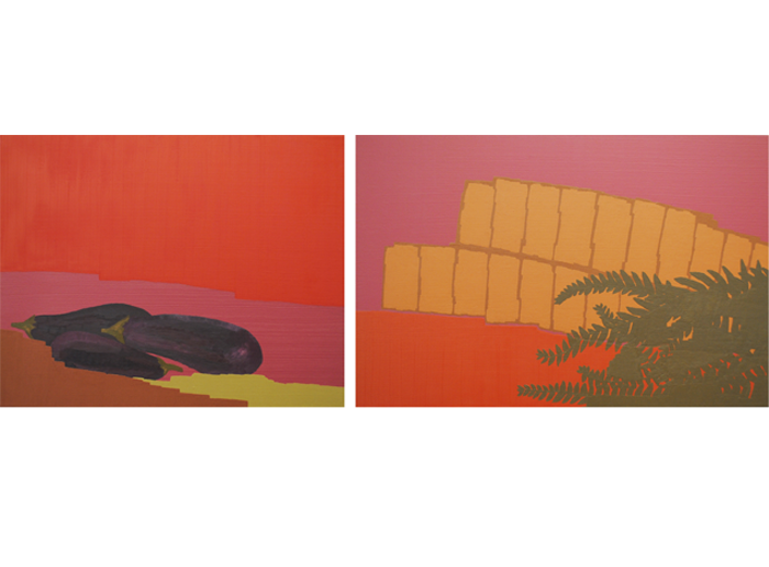 Série Talude (berinjela e samambaia) , 2009. Óleo e cera sobre tela. Díptico. 40 x 50 cm e 4 0 x 60 cm. Medida total: 40 x 113 cm. From de series Talus (aubergine and fern), 2009. Oil and wax on canvas. Diptych. 40 x 50 and 40 x 60 cm. Total measure: 40 x 113 cm.