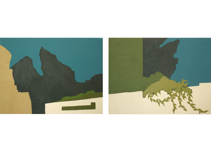 Perau , 2008. Óleo e cera sobre tela. Díptico. 30 x 40 cm cada. Medida total: 30 x 45 cm. Cliff , 2008. Oil and wax on canvas. Diptych. 30 x 40 cm each. Total measure: 30 x 45 cm.
