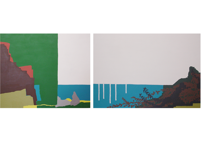 Sem título ( azul ), 2008. Óleo e cera sobre tela. Díptico. 50 x 60 cm e 50 x 70 cm. Medida total: 50 x 133 cm. Untitled (blue), 2008. Oil and wax on canvas. Diptych. 50 x 60 cm and 50 x 70 cm. Total measure: 50 x 133 cm.