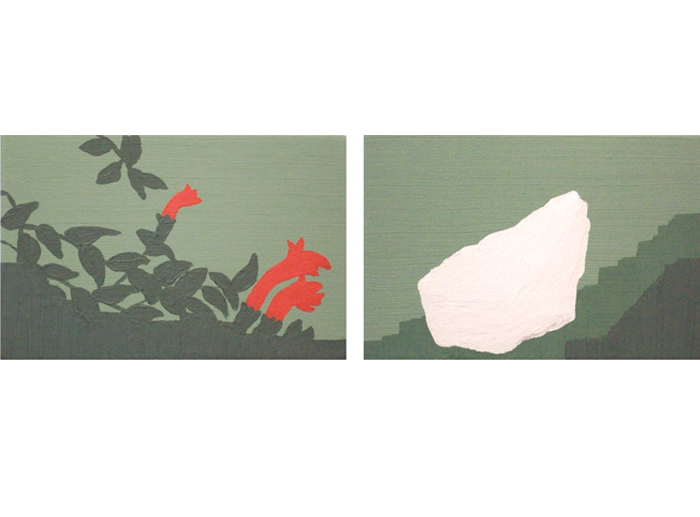 Sem título, 2008. Óleo e cera sobre tela. Díptico. 10 x 15 cm cada. Medida total: 10 x 33 cm. Untitled , 2008. Oil and wax on canvas. Diptych. 10 x 15 cm each. Total measure: 10 x 33 cm.