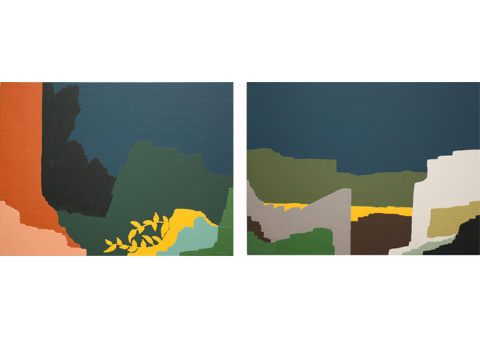 Sem título (noturna) , 2008. Óleo e cera sobre tela. Díptico. 30 x 40 cm cada. Medida total: 30 x 83 cm. Untitled (nocturnal) , 2008. Oil and wax on canvas. Diptych. 30 x 40 cm each. Total measure: 30 x 83 cm.