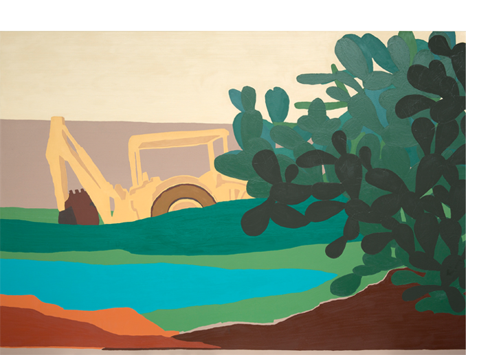 Trator e Nopal , 2013. Óleo e cera sobre tela. 140 x 200 cm. Tractor and cactus, 2013. Oil and wax on canvas. 140 x 200 cm.