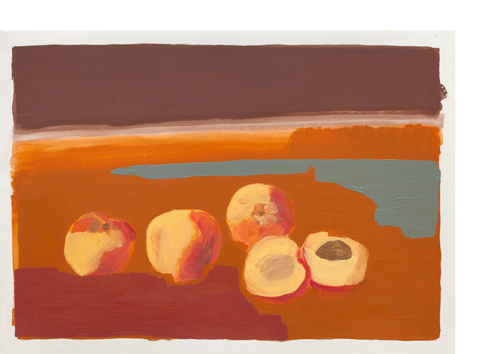 Pêssegos , 2011. Óleo e cera sobre papel. Pintura realizada para o livro Epidermias . 36 x 48 cm. Peaches, 2011. Oil and wax on paper. 36 x 48 cm.